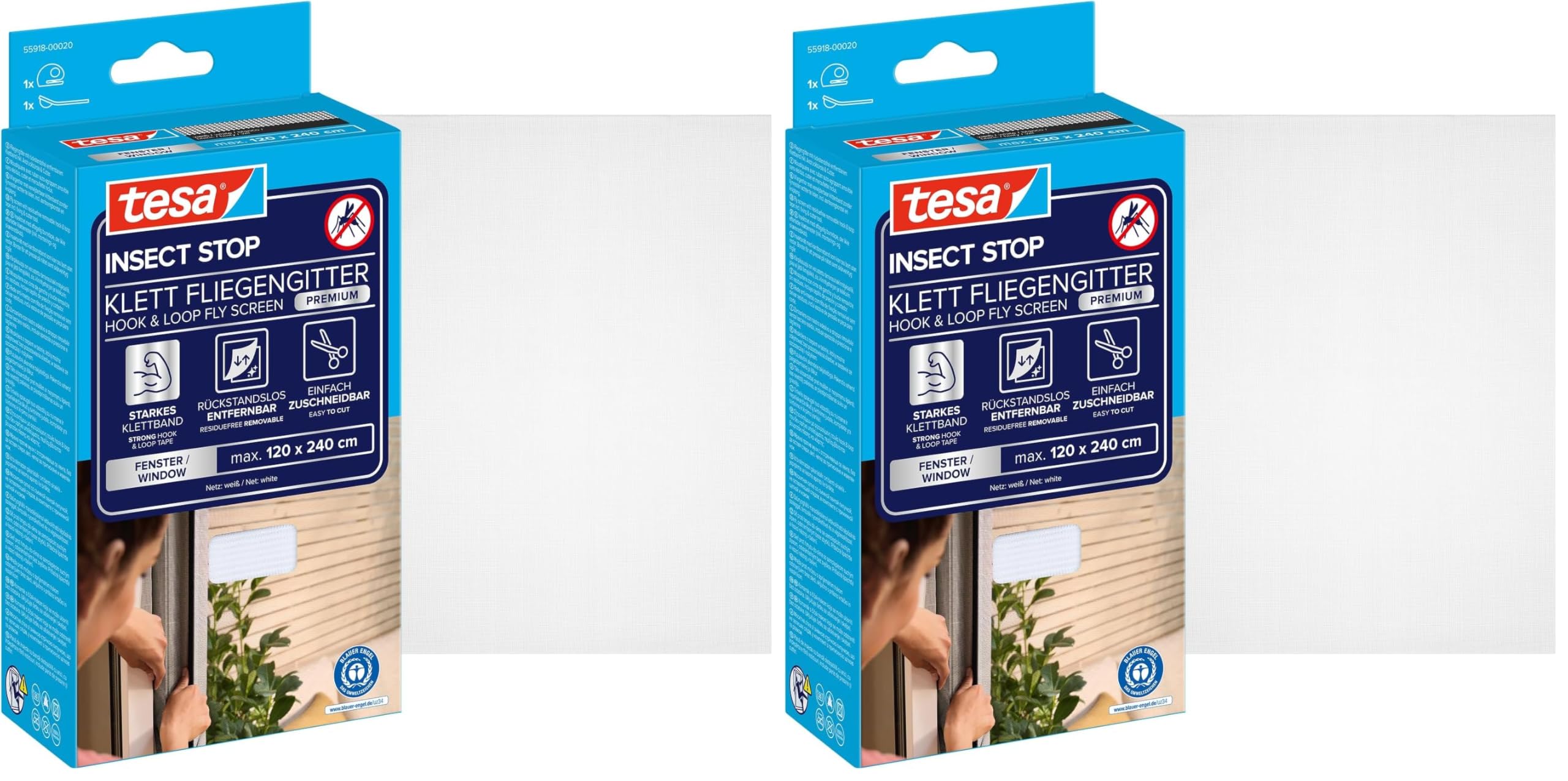 tesa Insect Stop COMFORT pour Porte-Fenêtres - Moustiquaire avec Ruban Auto Agrippant - Filet Anti-Moustique - Blanc, 120 cm x 240 cm (Lot de 2)