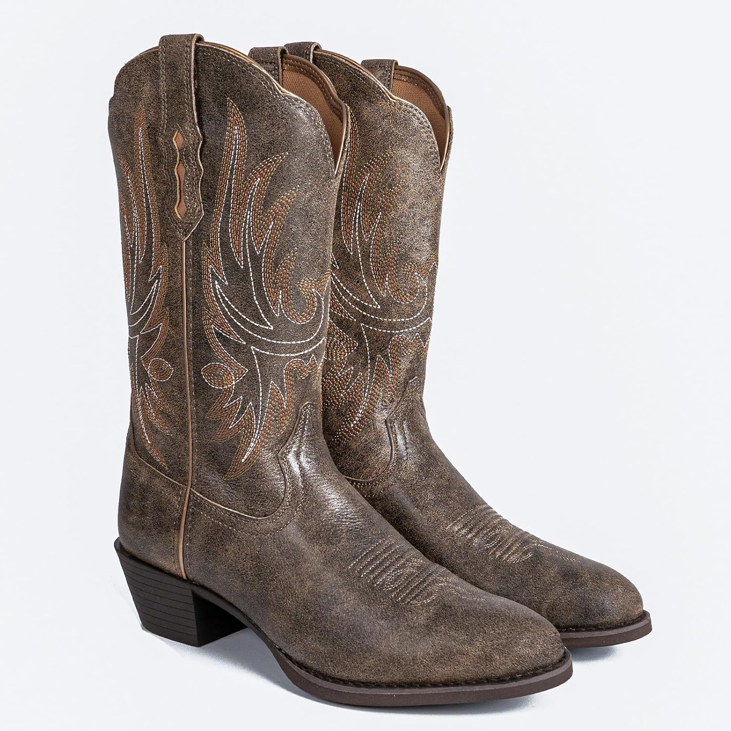 Cowboy Boots for Women, Genuine Leather Wide Calf Embroidered Cowgirl Boots, Pointed Toe Chunky Heel with Pull Tabs, Ideal for Daily Wear, Music Festivals and Parties