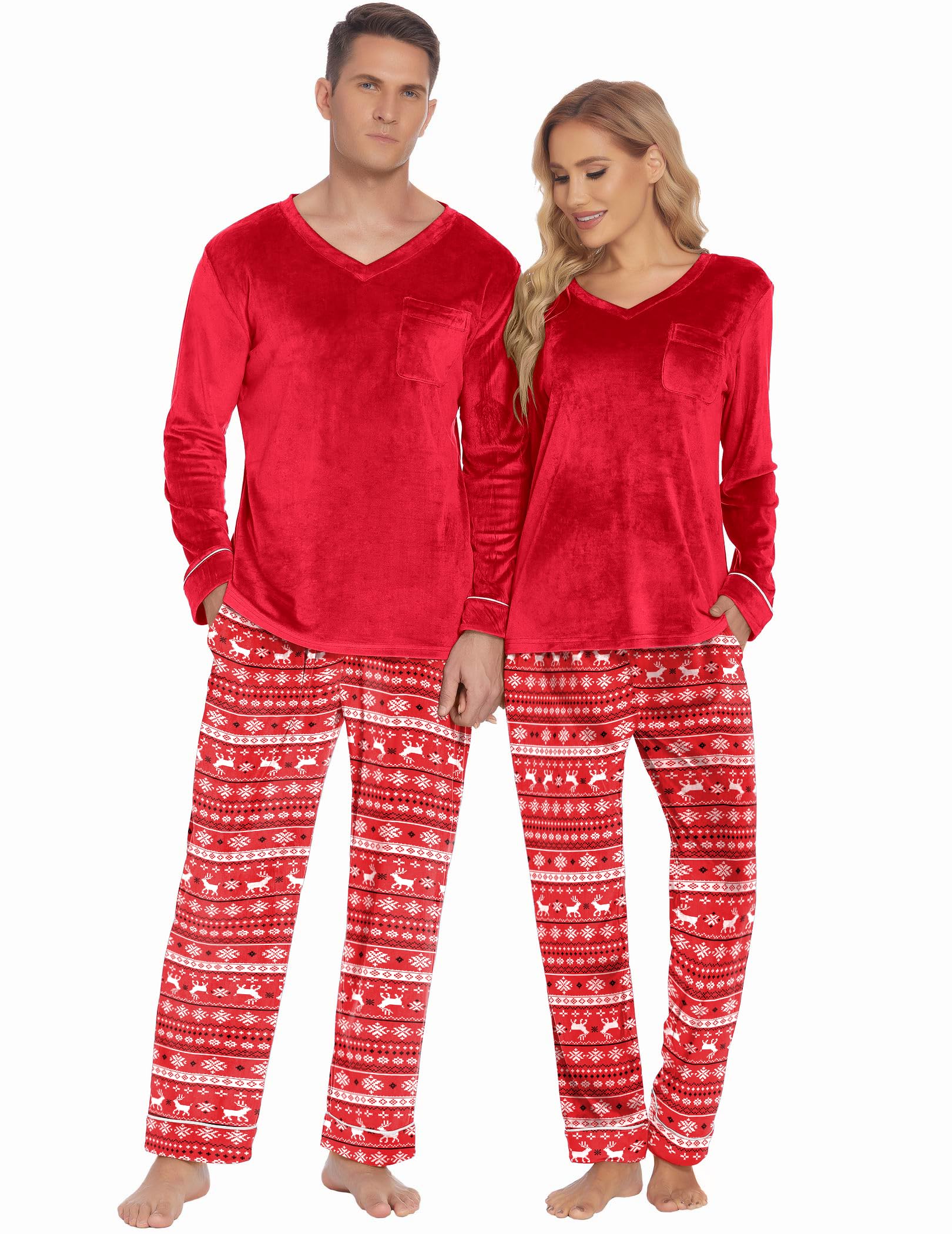 Ekouaer Conjunto de pijama a juego para parejas, conjunto de pijama de terciopelo para hombres y mujeres, ropa de dormir de manga larga de terciopelo, tallas S-XXL, Rojo