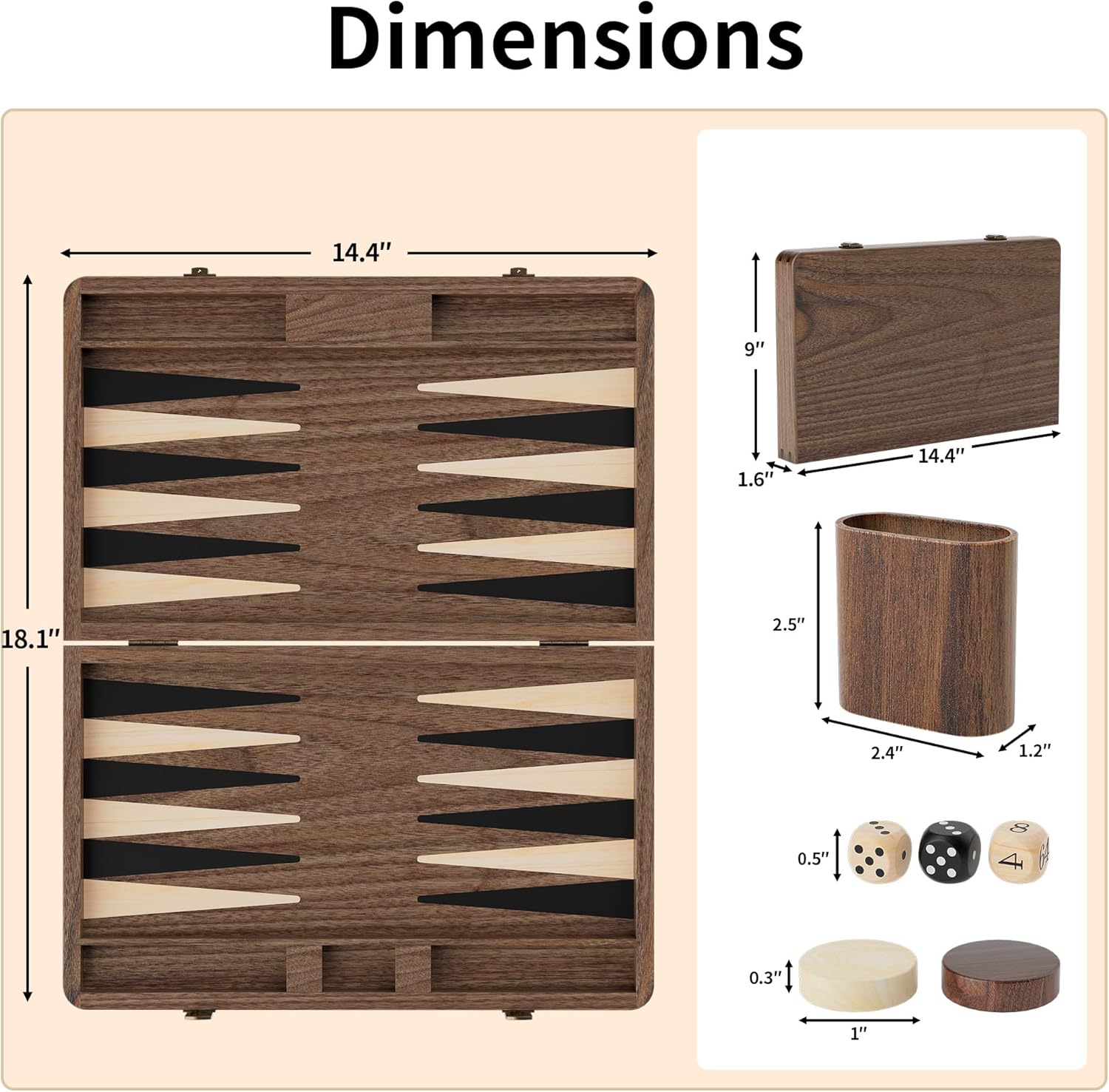 Luxury Walnut Backgammon Set - Wood Board with Travel Case, Doubling Cube