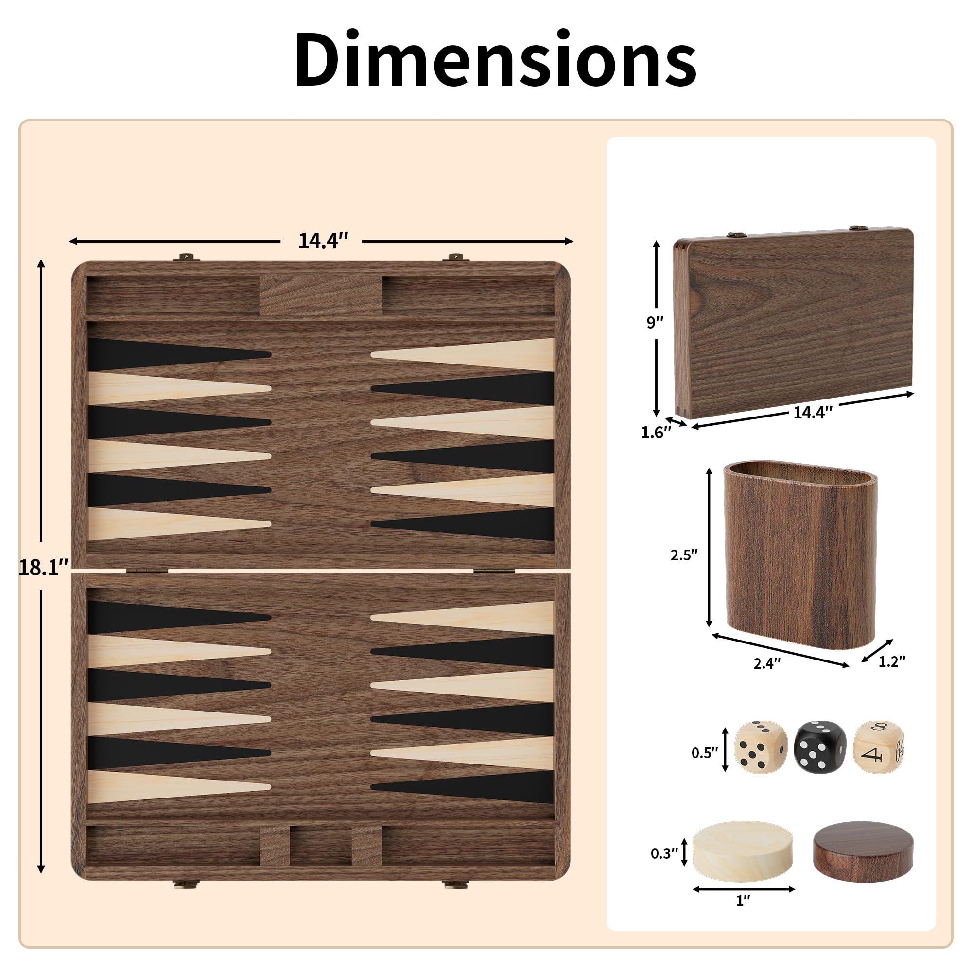 Lussuoso set da backgammon in noce, tavola in legno con custodia da viaggio, cubo doppio e borse per la conservazione