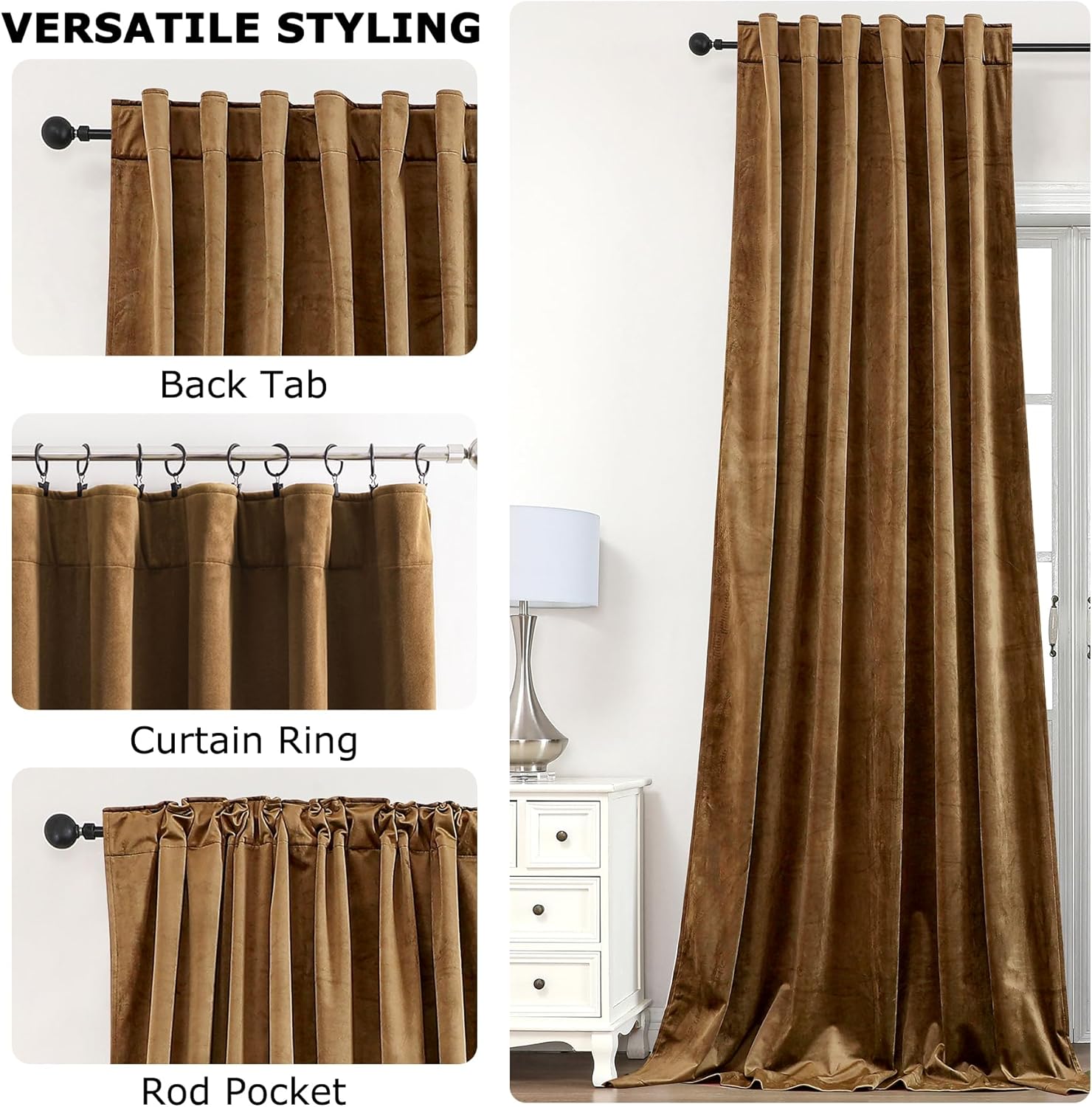 Dchola Gold Brown Velvet Curtains for Bedroom Window with Back Tab, Super Soft Vintage Luxury Heavy Drapes, Room Darkening Thermal Insulated Curtain for Living Room, W52 by L84 inches, 2 Panels