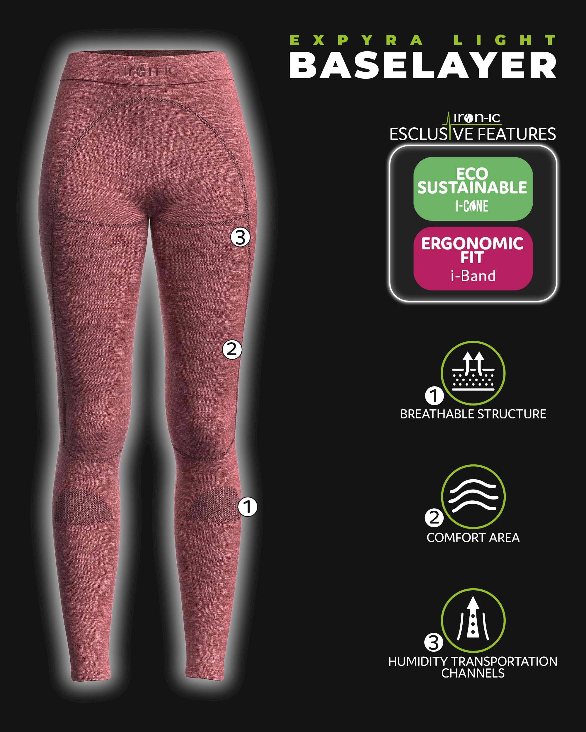 Iron-Ic Damskie legginsy termiczne różowe z wełny merynosów, oddychające i wygodne, na zimną pogodę - art. 610871