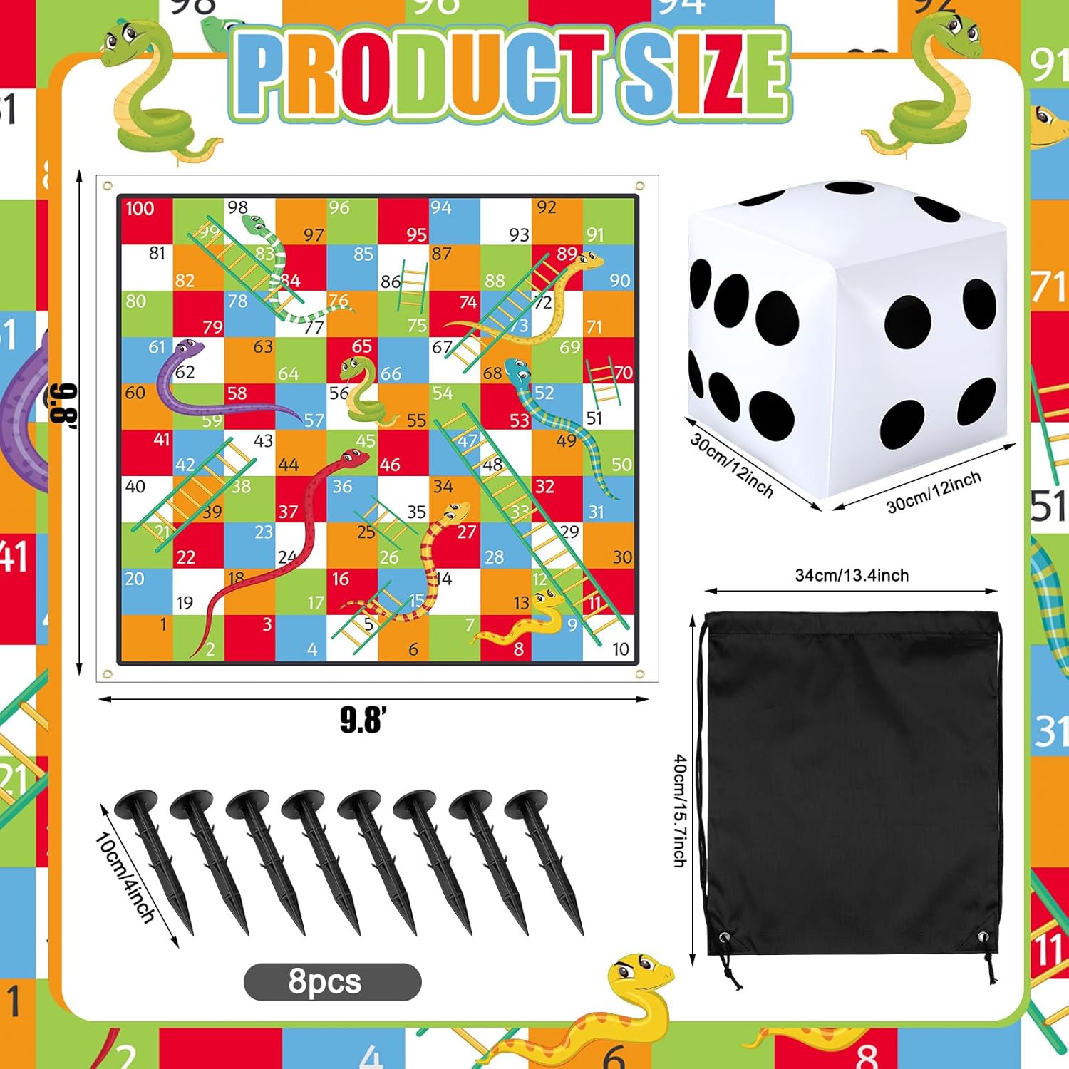Realspring 9.8 ft Giant Snakes and Ladders Game Playing Mat with 6 Nails 14 Inch Inflatable Dice and Storage Bag Floor Snake and Ladder Board Game Big Size for Both Indoor and Outside
