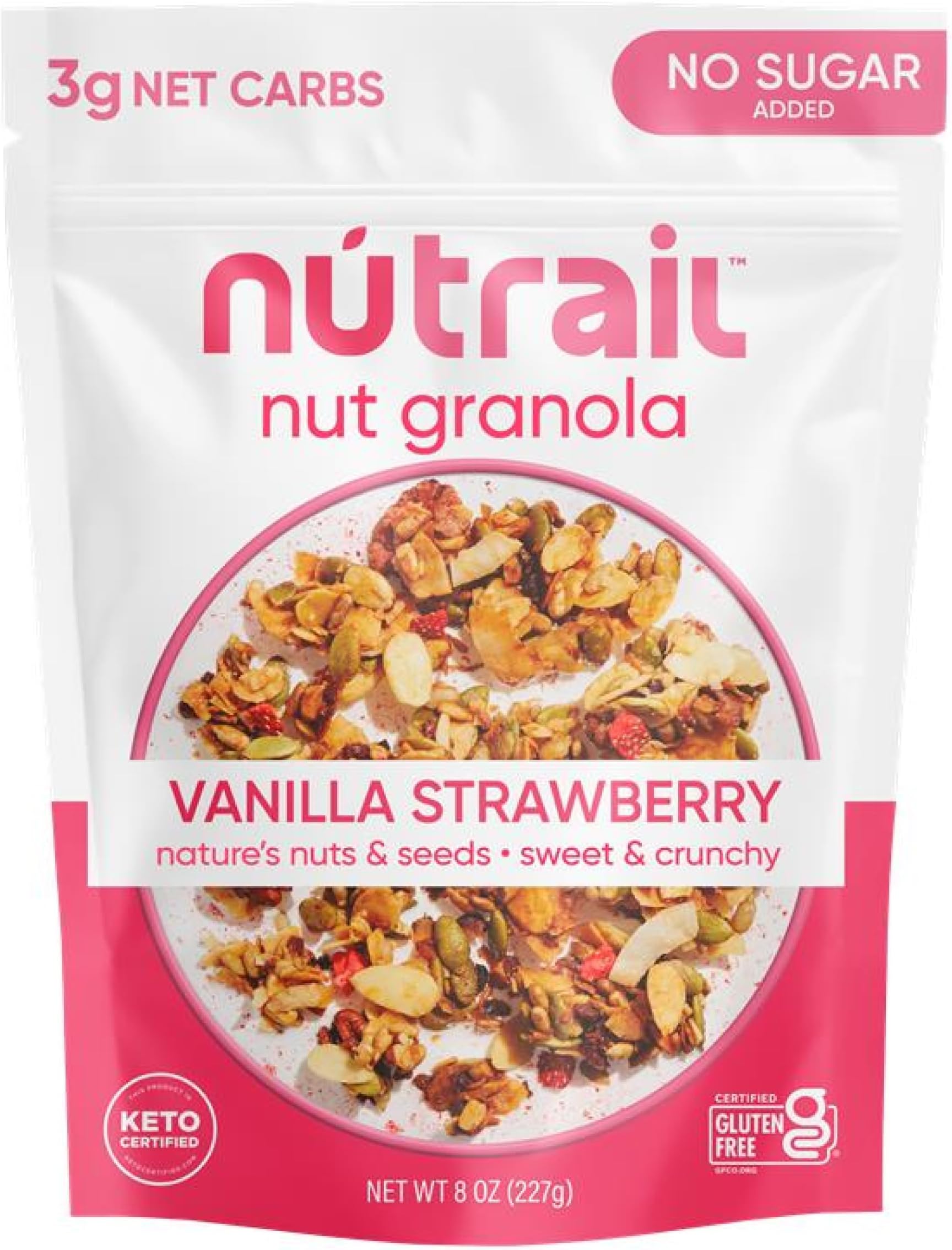 NuTrail Nut Granola Cereal, Vanilla Strawberry, No Sugar Added, Keto, Low Carb, Gluten Free, Grain Free, Healthy Breakfast 8 oz. 1 Count