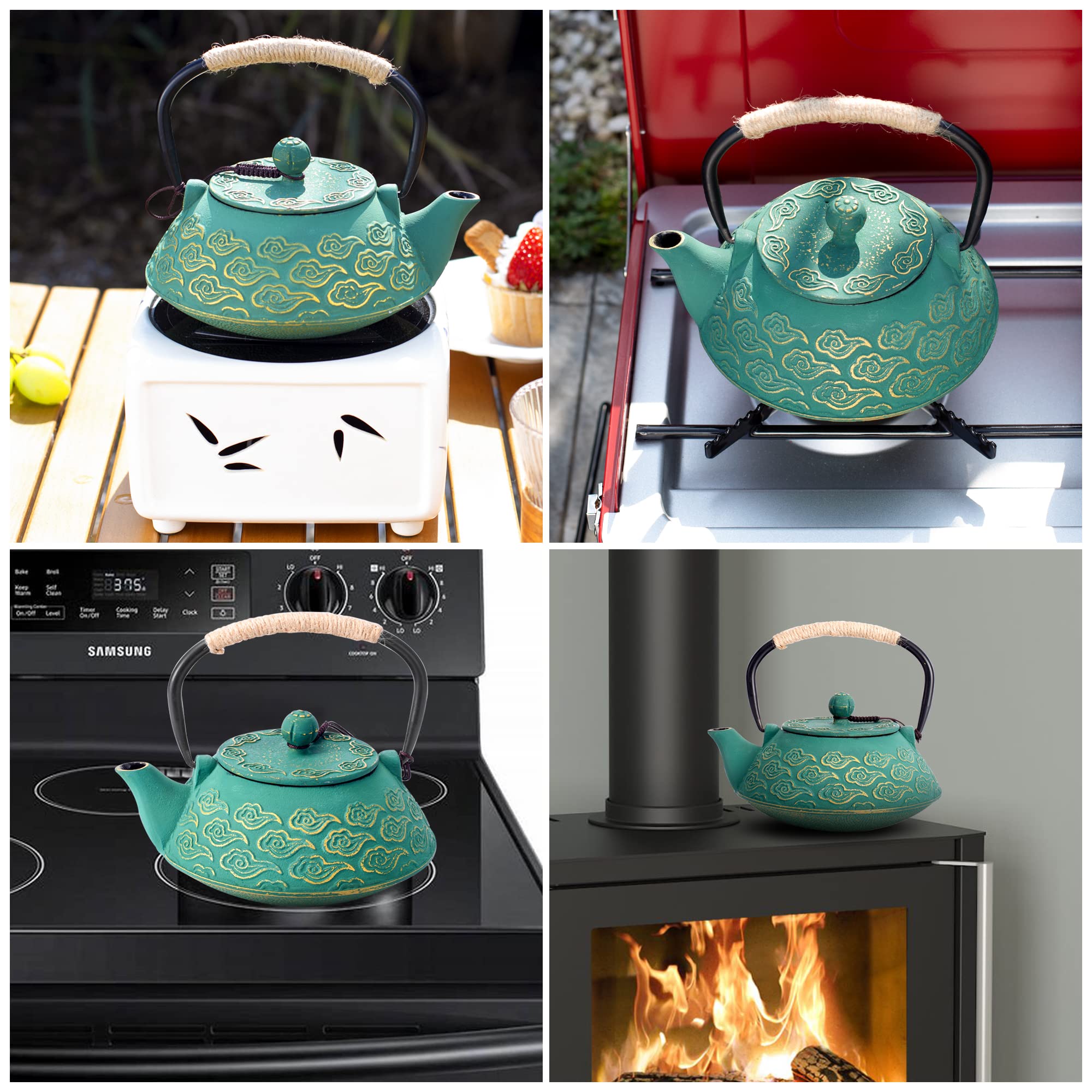 Théière japonaise en fonte avec infuseur pour feuilles en vrac, qui va sur la cuisinière, avec revêtement intérieur émaillé, motif nuages, 800 ml, vert