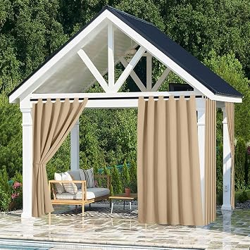 Waterproof Outdoor Curtains Detachable Sticky Tab Top Blackout Windproof Privacy Drapes for Porch, Pergola, Cabana Beige 2, W52 x L84, 2 Panels