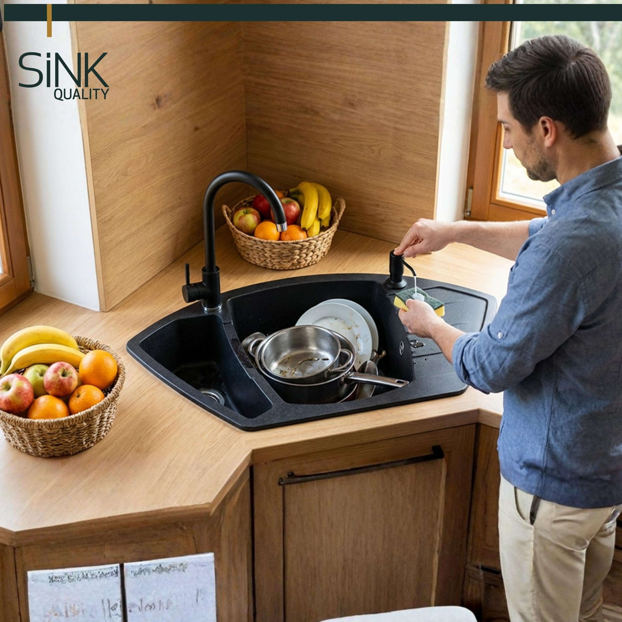 SINK Quality Eckspüle aus Granit 90x54 cm - Graphit – 1,5 Becken Einbauspüle mit Restebecken, Robust & Kratzfest, Inkl. Siphon & Imprägnierung, Küchenspüle ab 70 cm Unterschrank