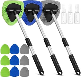 3 Packs Windshield Cleaner Car Window Cleaner Inside Car Windshield Cleaning Tool with Detachable Handle, 9 Reusable Microfiber Pads and 3 Spray Bottles for Interior Car Cleanser Brush Cleaning Kit
