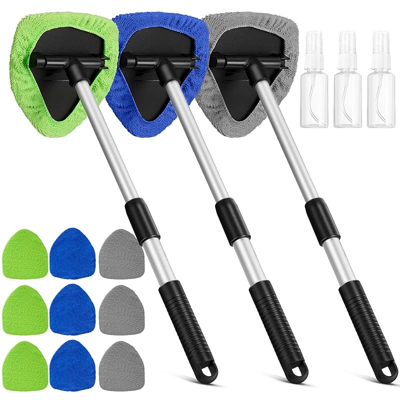 Kit de Limpeza de Para-brisa e Vidros Automotivos Tallew com Cabo Extensível, Cabeça Giratória e 9 Panos de Microfibra, 3 conjuntos