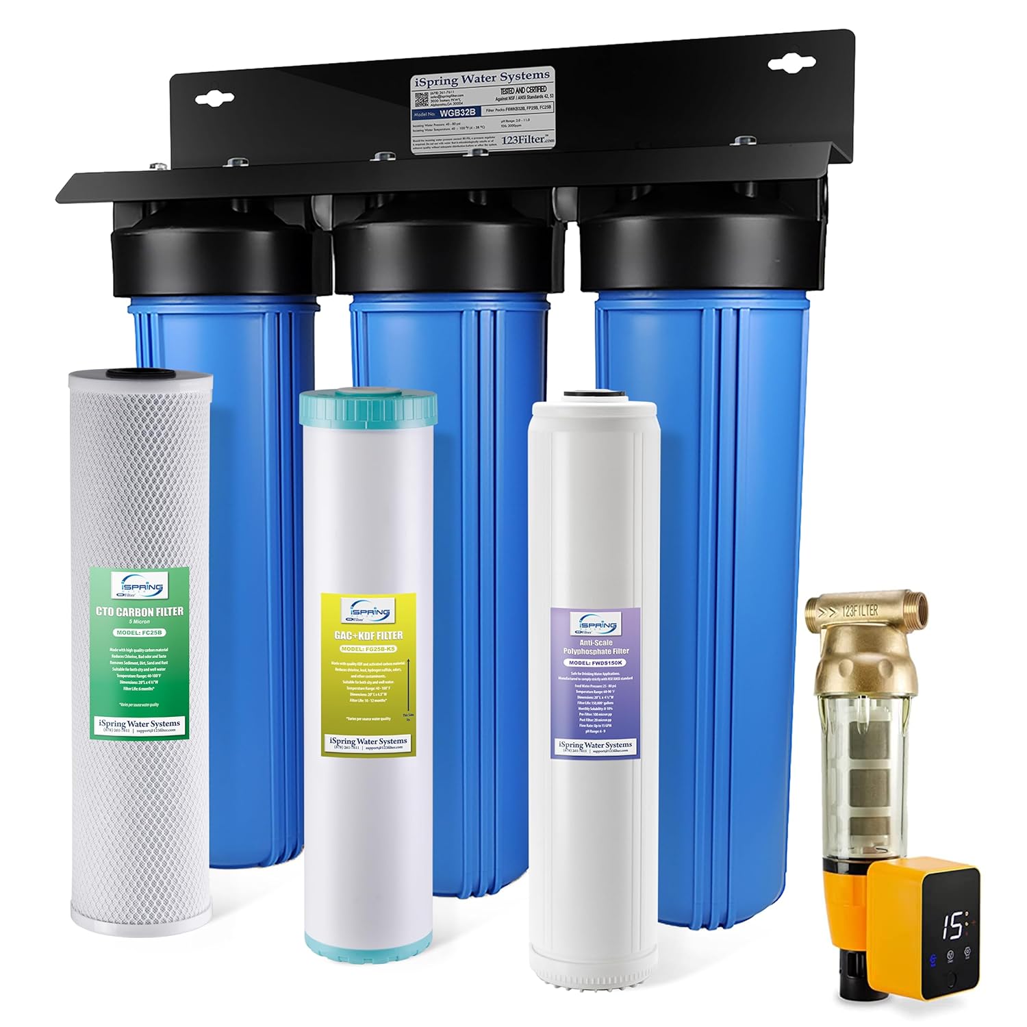 iSpring Whole House Water Filter System w/Auto-Flushing Spin Down Sediment Filter, Polyphosphate Anti-Scale, GAC+KDF, and Carbon Block Filter, Water Descaler and Filter, WGB32B-KDS+WSP50ARB Ultimate Protection Water Filtration System + Auto Pre-Filter