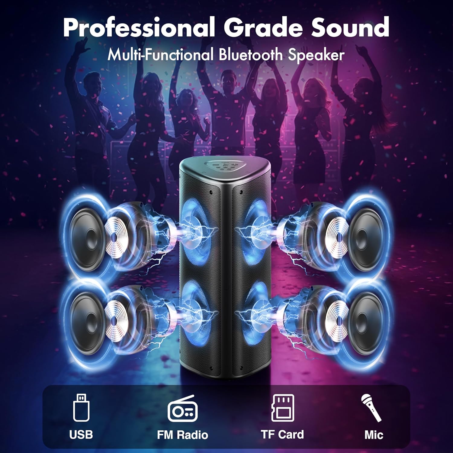 Fisher Portable Bluetooth Speakers, Stereo Speakers Bluetooth Wireless System, Quad Triangle 6.5" Dual 40W Peak Power, Bluetooth Speakers with RGB Color, Rechargeable, TWS, USB, FM Radio, Use Anywhere