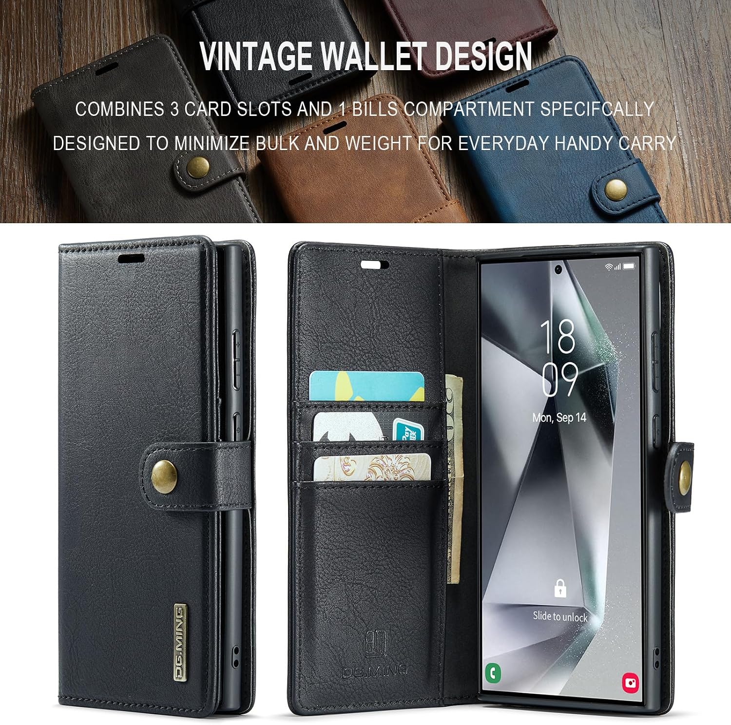 Detachable 2 in 1 Split Magnetic Flip Folio Wallet Case Compatible with Samsung Galaxy S24 Ultra Genuine Leather Phone Case with Card Holder Slots Kickstand Shockproof Cover(Black)