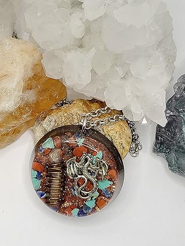 Miniatura 3 de Hubbering Dragon Angel Quartz Copper Wrapped Power Packed Crystal With Mixed Stones Disk Orgone Pendant - Unique Handcrafted Orgonite