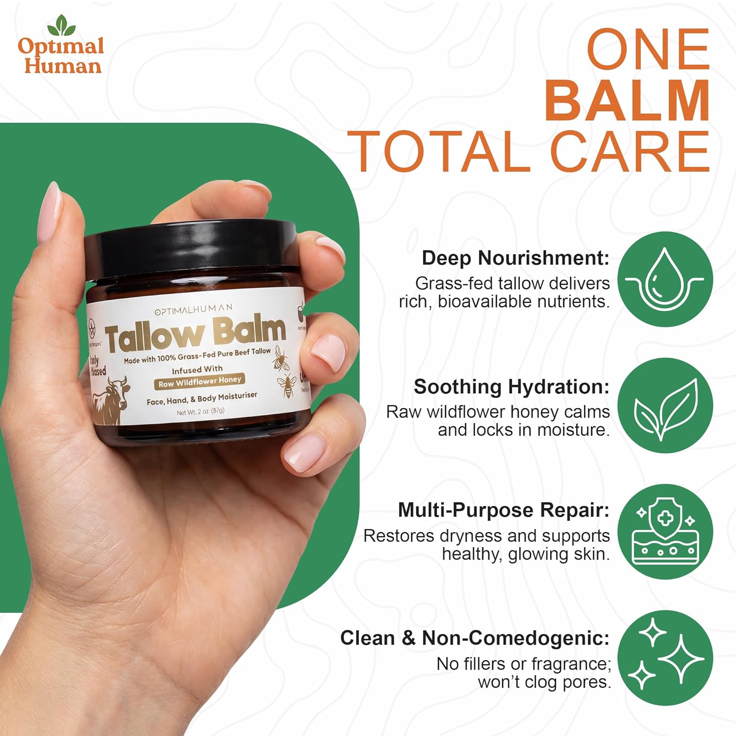 O H Optimal Human Raw Wildflower Honey Balm (2 Oz) – 100% Grass-Fed Beef Tallow Balm - Body and Face Tallow Moisturizer - Non-Comedogenic, Ultra-Clean Formula For Moisture and Hydration