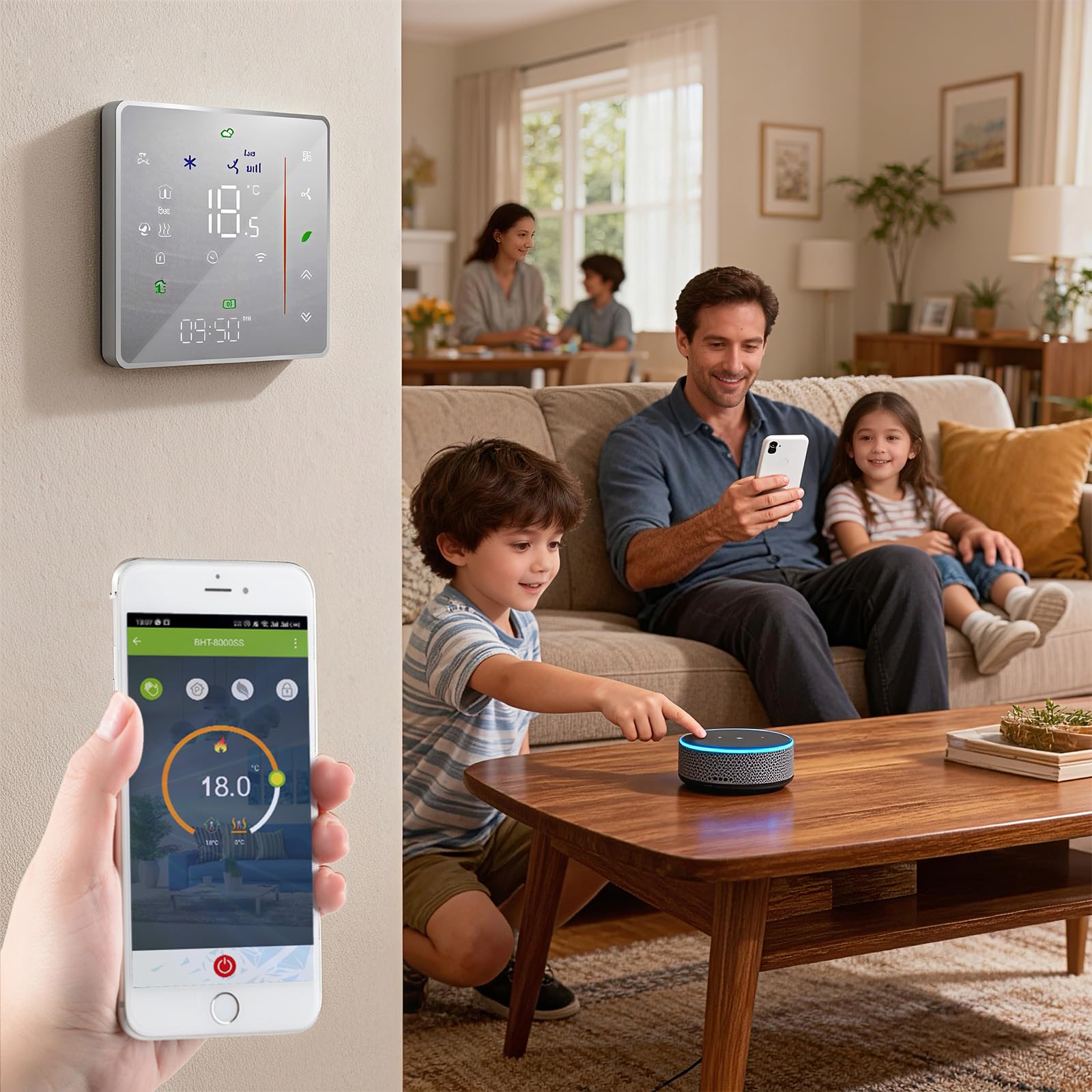 Termostato WiFi Color para Caldera Individual de Gas y Agua | Control Alexa Google Home, contacto seco 5A, voltaje 95‑240VAC, pantalla LED protectora de ojos