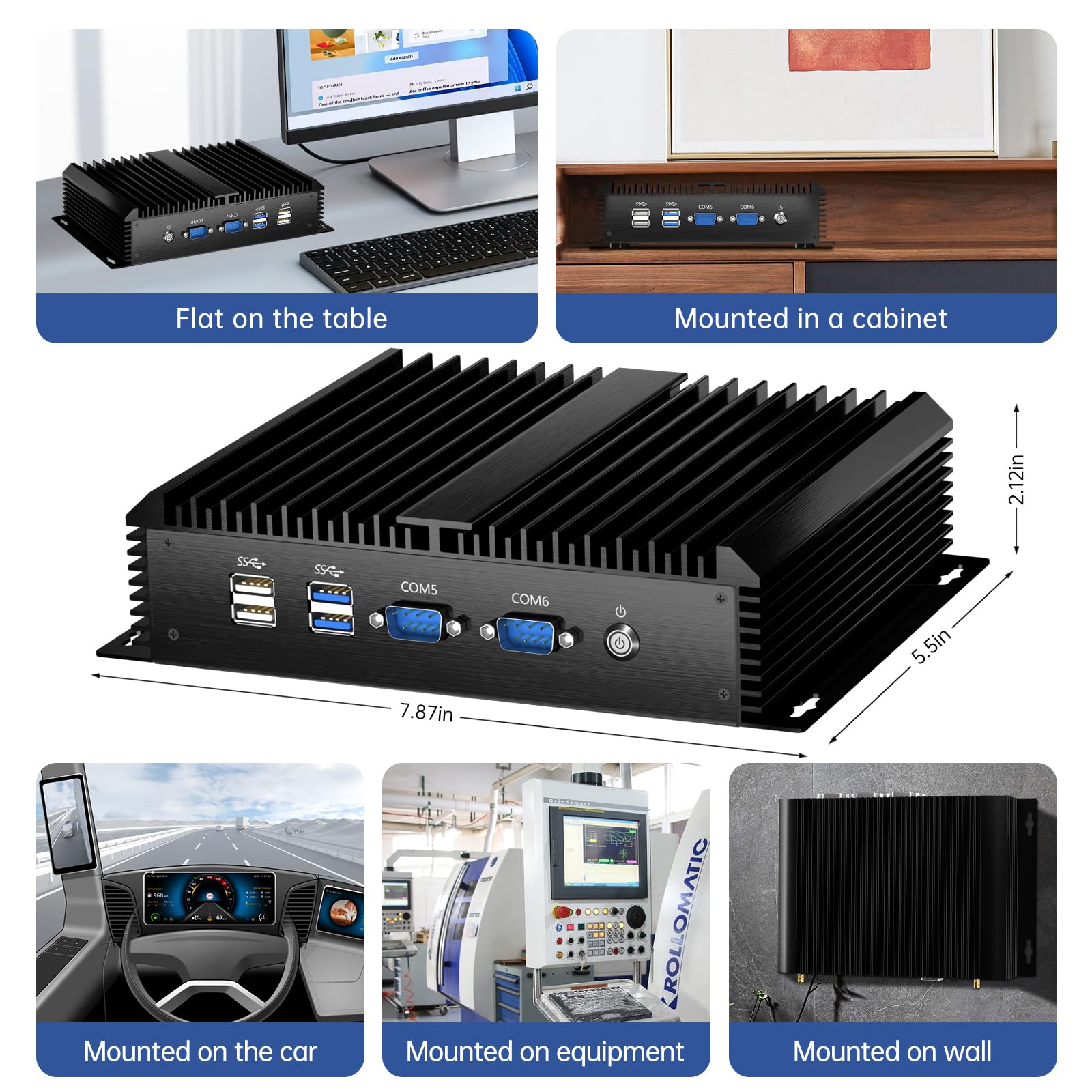 Mini PC Industrial, Core i7-5500U 2.4-3.0GHz Ordenador de Sobremesa sin Ventilador, Win-10 Pro, 16G RAM, 512G SSD, Dual LAN, 6xCOM RS232, Módulo 4G, Puertos HDMI/VGA, Encendido automático
