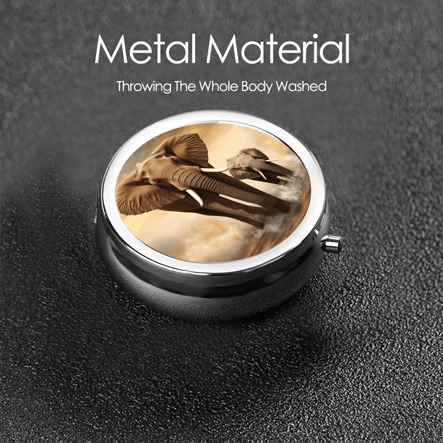 Round Pill Box 3 Compartment Medicine Pill Case Elephant and Baby Elephant Pill Box for Purse Pocket Waterproof Metal Pill Container Portable Pill Holder Mini Pill Organizer for Travel or Daily image 3