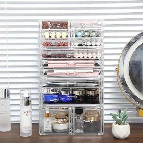 Miniatura 8 de Cq acrílico 4 Pack Organizador de Cajones de Acrílico Transparente para Encimera, Almacenamiento de Maquillaje Apilable con 13 Cajones, Organizador