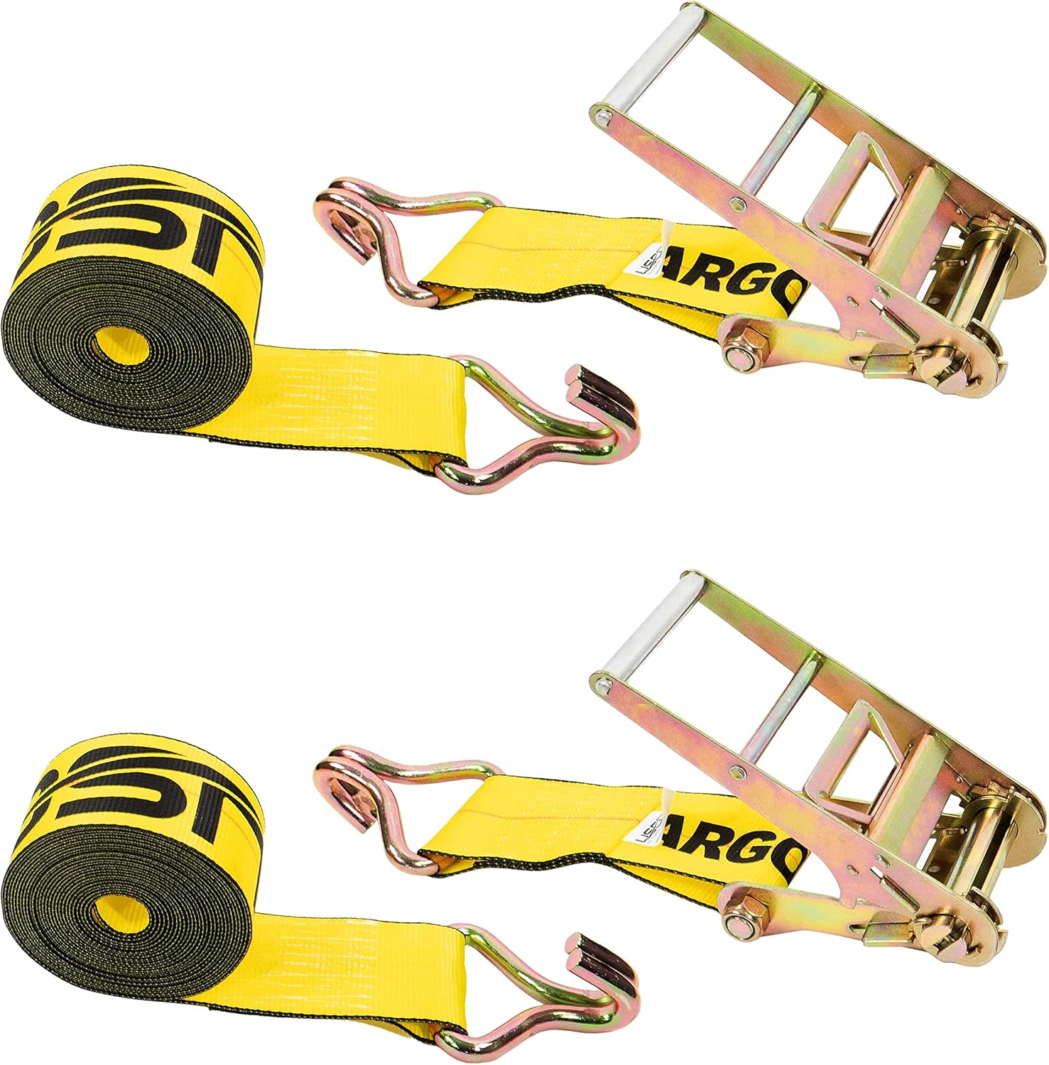 US Cargo Control 4 Inch x 20 Foot Heavy Duty Yellow Ratchet Strap with Wire Hooks, 2 Pack