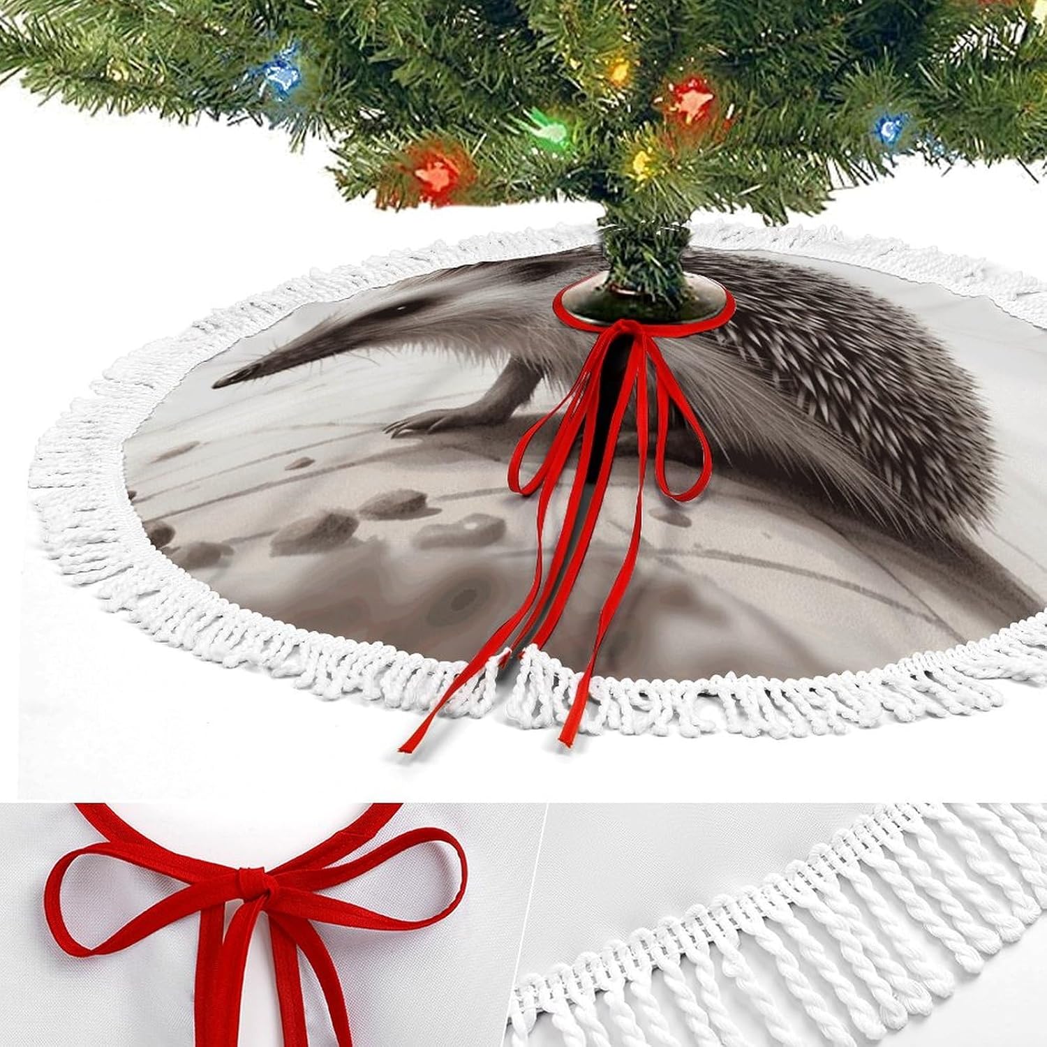 Hedgehog Printed Christmas Tree Skirt 48 Inch Tree Skirt Christmas Tree Collar Christmas Tree Decorations Winter Xmas Tree Mat