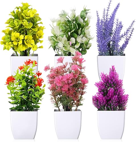 6pcs Artificial Pot Flowers Small Fake Plants with Pot Mini Potted Plants Fake Flowers Small Artificial Faux Plant for Centerpiece Tabletop Decoration House Office Desk Wedding Apartment Decor