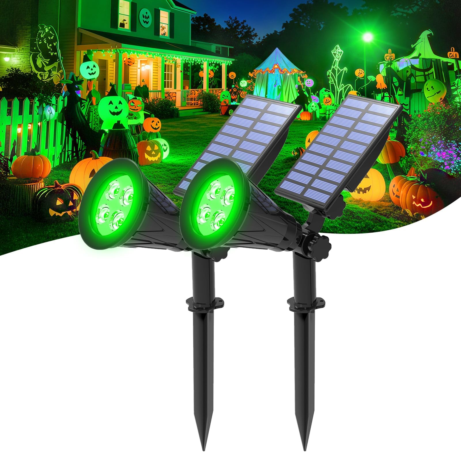 T-SUNUS Solar Spotlights Outdoor, Waterproof IP65 Green Spot Lights Dusk to Dawn Landscape Spotlight Adjustable Panel for Halloween Christmas Garden Tree Yard St. Patrick's Day 2 Pack