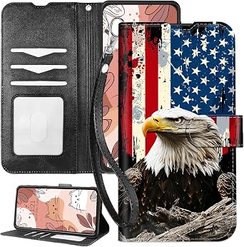 for Samsung Galaxy S25 Plus Wallet Case with Wrist Strap,RFID Blocking,Shockproof TPU Interior,PU Leather Flip Cover with Magnetic Closure,Card Slots,American Flag Eagle-4