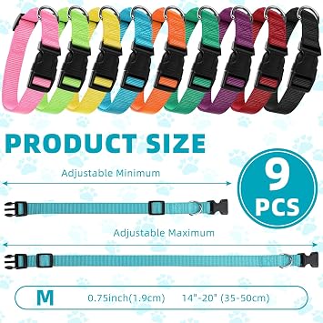 9 Pieces Adjustable Dog Collar for Animal, Soft Nylon Pets Puppy Collar with Quick Release Buckle Holder Bulk for Dogs Walking Running Training(Medium,Bright Colors)