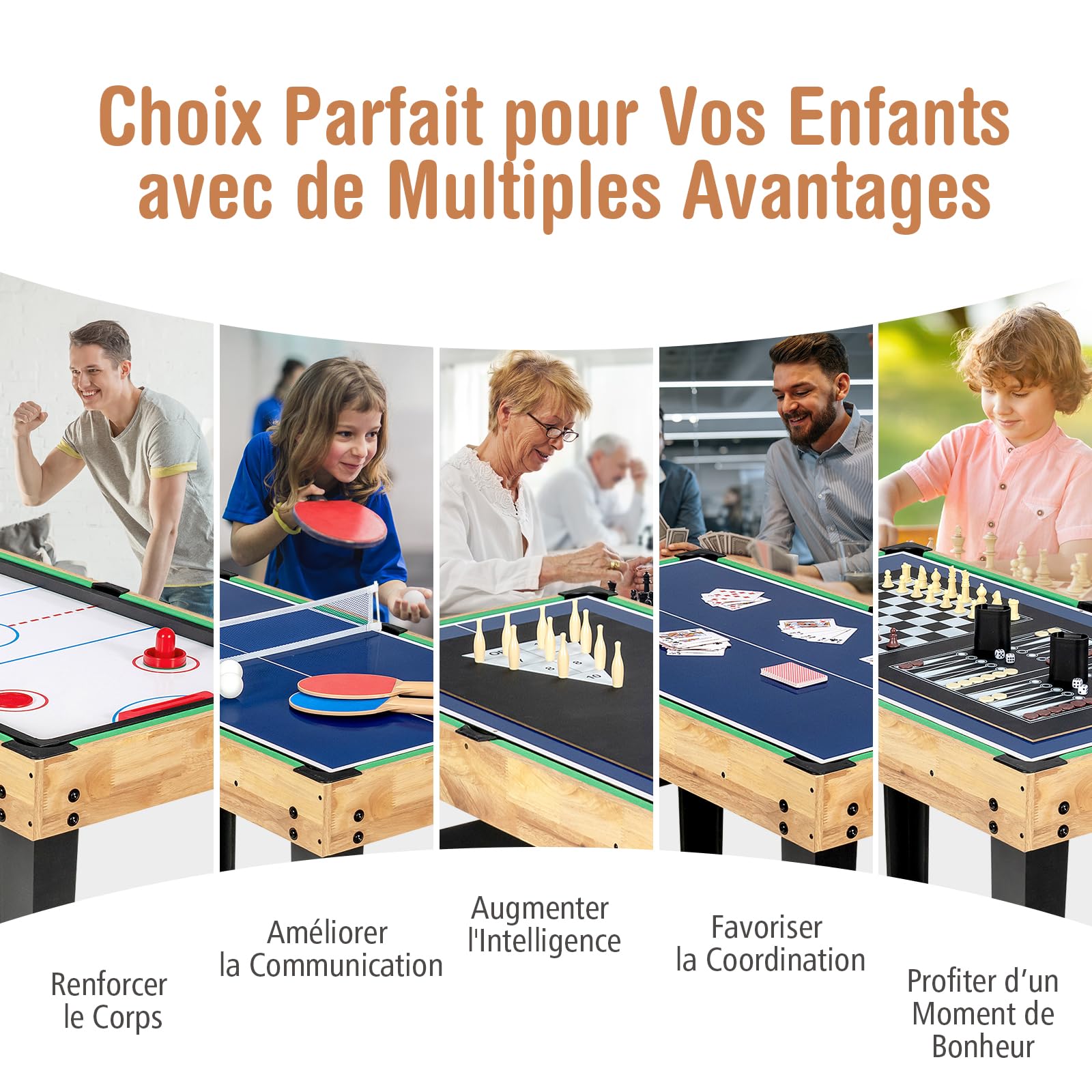 GOPLUS 10 en 1 Table Multijeux, Table Baby Foot Enfant avec Air Hockey, Tennis de Table, Billard, Shuffleboard, Bowling et 4 Jeux de Société, pour Bureau, Bar, Club, pour Enfants 8 Ans