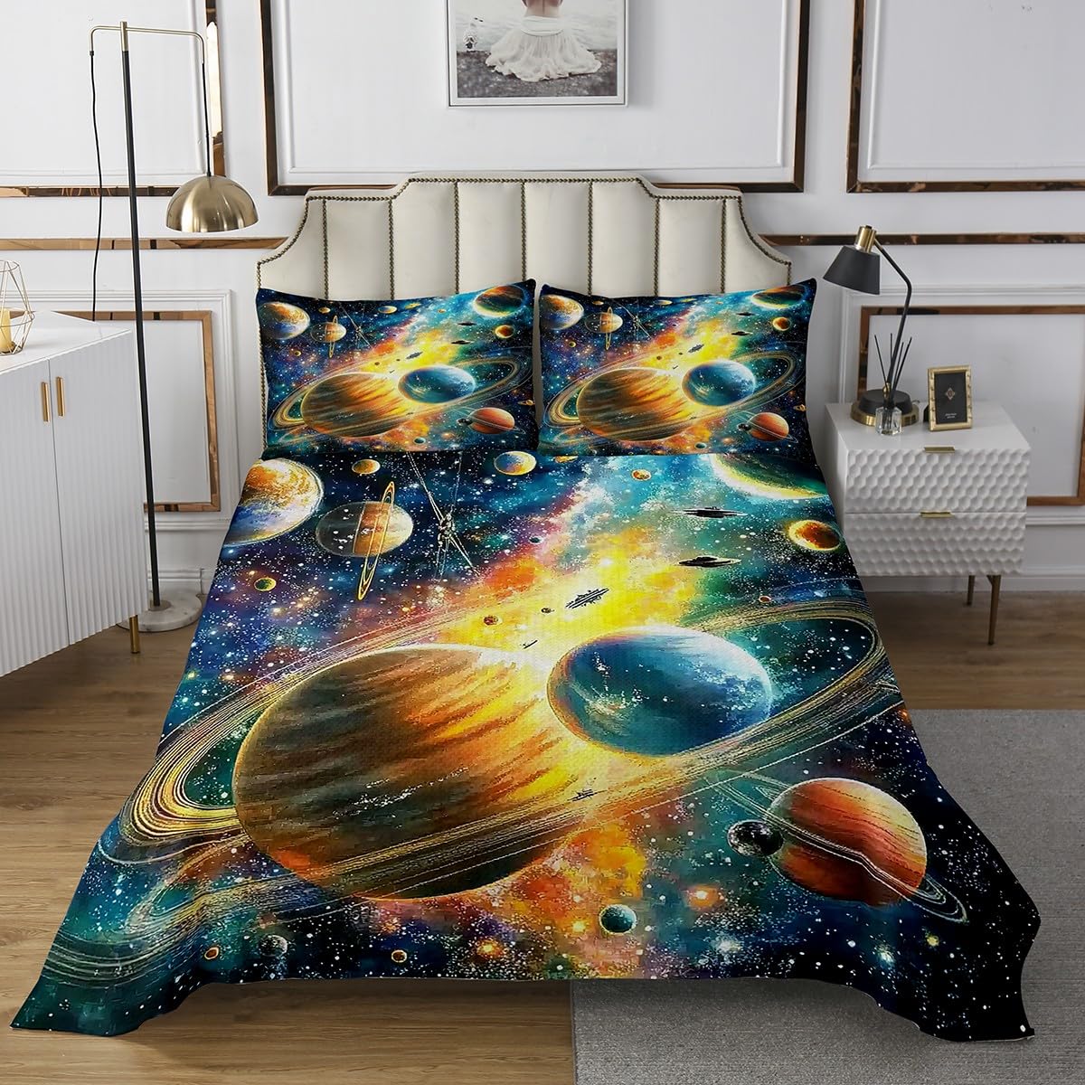 Erosebridal 3D Galaxy Coverlet Set,Oil Painting Planets Quilt Set Twin Size for Kids Boys Girls,Outer Space Bed Cover Bedroom Decor,Starry Sky Bedspread Set