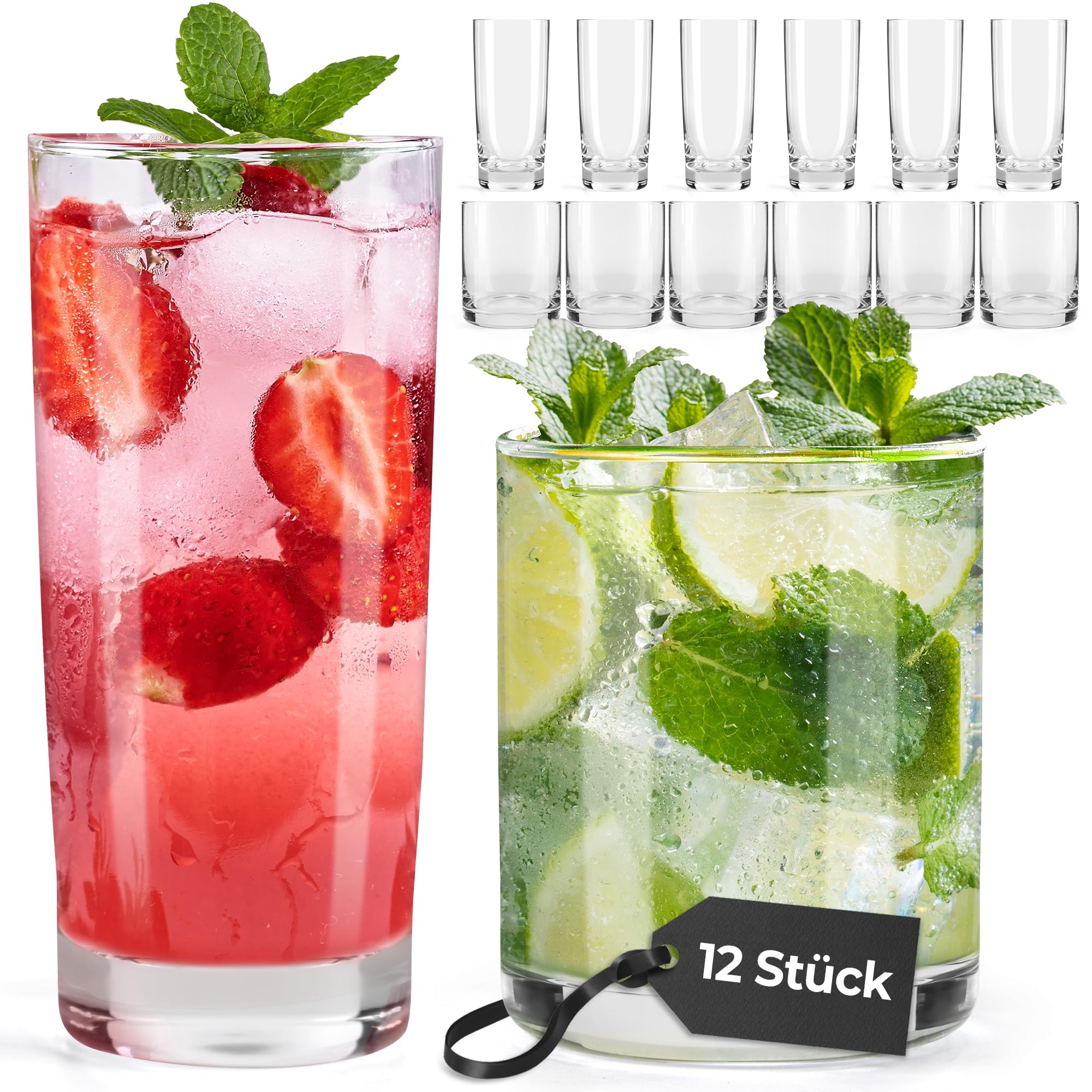 MIAMIO - Trinkgläser Set/Wassergläser Set (12 Stück) - spülmaschinenfest | Trinkgläser / Glas Set für Wasser, Saft und Getränke, Gläser Set für den Alltag (6x370ml, 6x 450ml)
