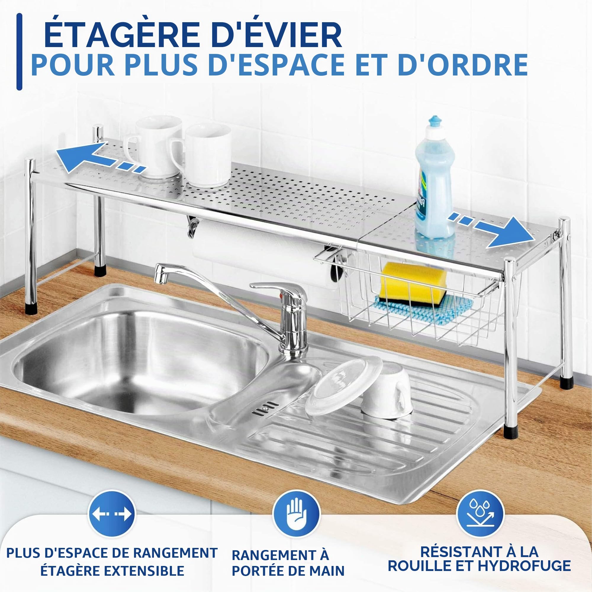 WENKO Maximex Etagère pour évier Expando, surface de rangement supplémentaire au-dessus de l'évier, extensible de 69 à 116 cm
