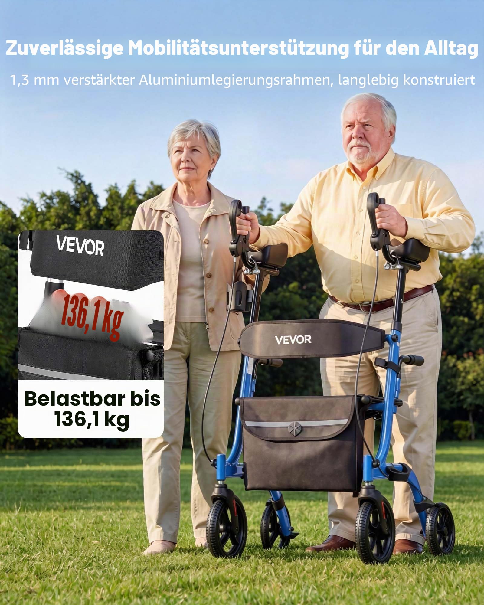 VEVOR Rollator Faltbar mit Sitz, Leichtgewicht Gehwagen mit 4 PU Reifen, Gehhilfe bis 136 kg mit Rückenlehne Tasche Gehstockhalter, Höheverstellbare Laufhilfe mit Feststellfunktion für Senioren, Blau