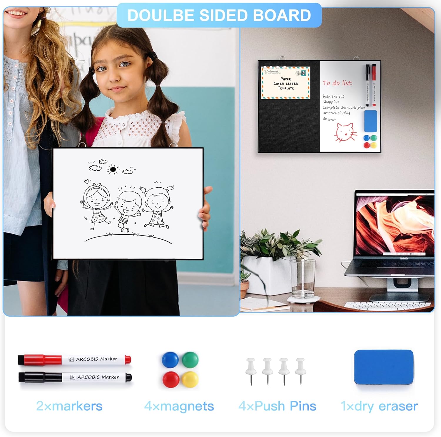 ARCOBIS Dry Erase Linen Board, 12"X16" Small Cork Board White Board Combination, Double-Sided Magnetic Bulletin Board for Wall, Vision Board for Home, Office, School, Black