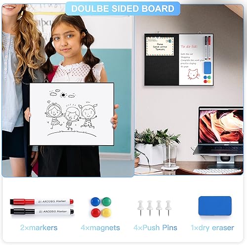 Vista 13 de ARCOBIS Tablero de corcho blanco Combo, tablero de anuncios pequeño de 12 x 16 pulgadas para pared, tablero magnético de borrado en seco de doble