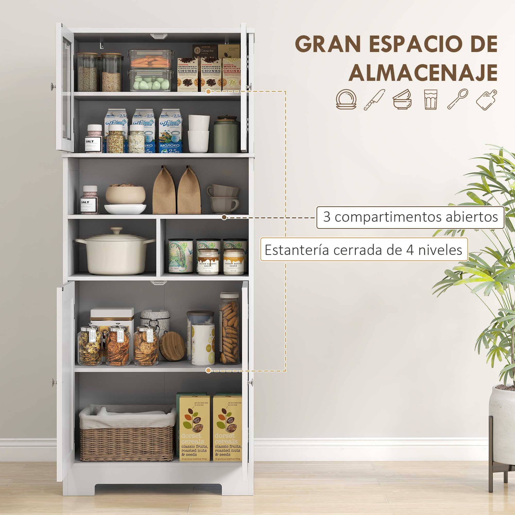 HOMCOM Credenza Cucina con 2 Armadietto, 3 Vani Aperti, Mobile Dispensa Stretto con Ante in Vetro e Ripiani Regolabili, per Soggiorno, Sala da Pranzo, 60x30x145.5 cm, Bianco