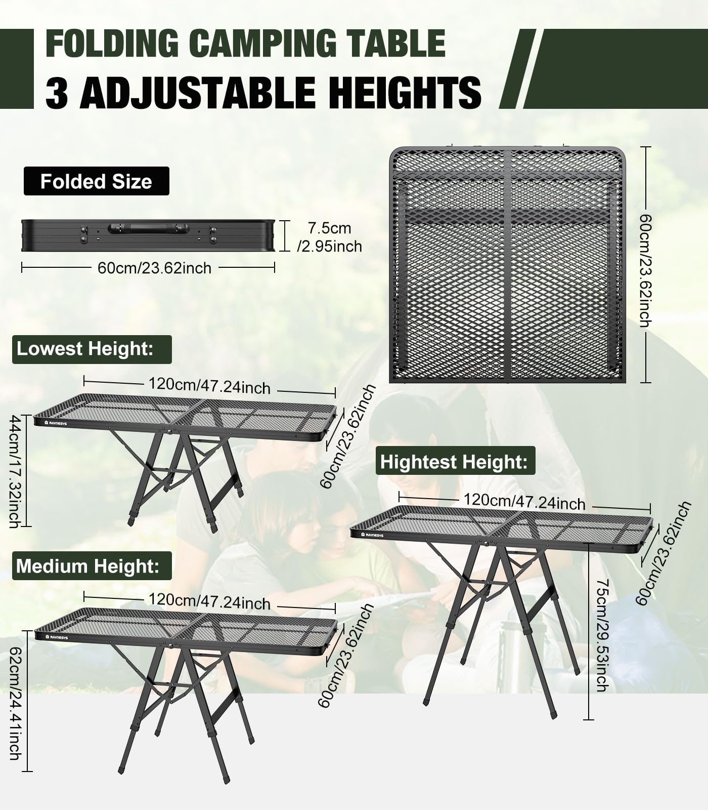 Raynesys Tavolo da Barbecue Pieghevole con Piano a Rete, Tavolo Portatile 200lbs 4ft, Carrello Grill in Metallo Regolabile in Altezza per Esterni, Campeggio, Picnic, BBQ, Spiaggia, 47,24" P x 23,62" L