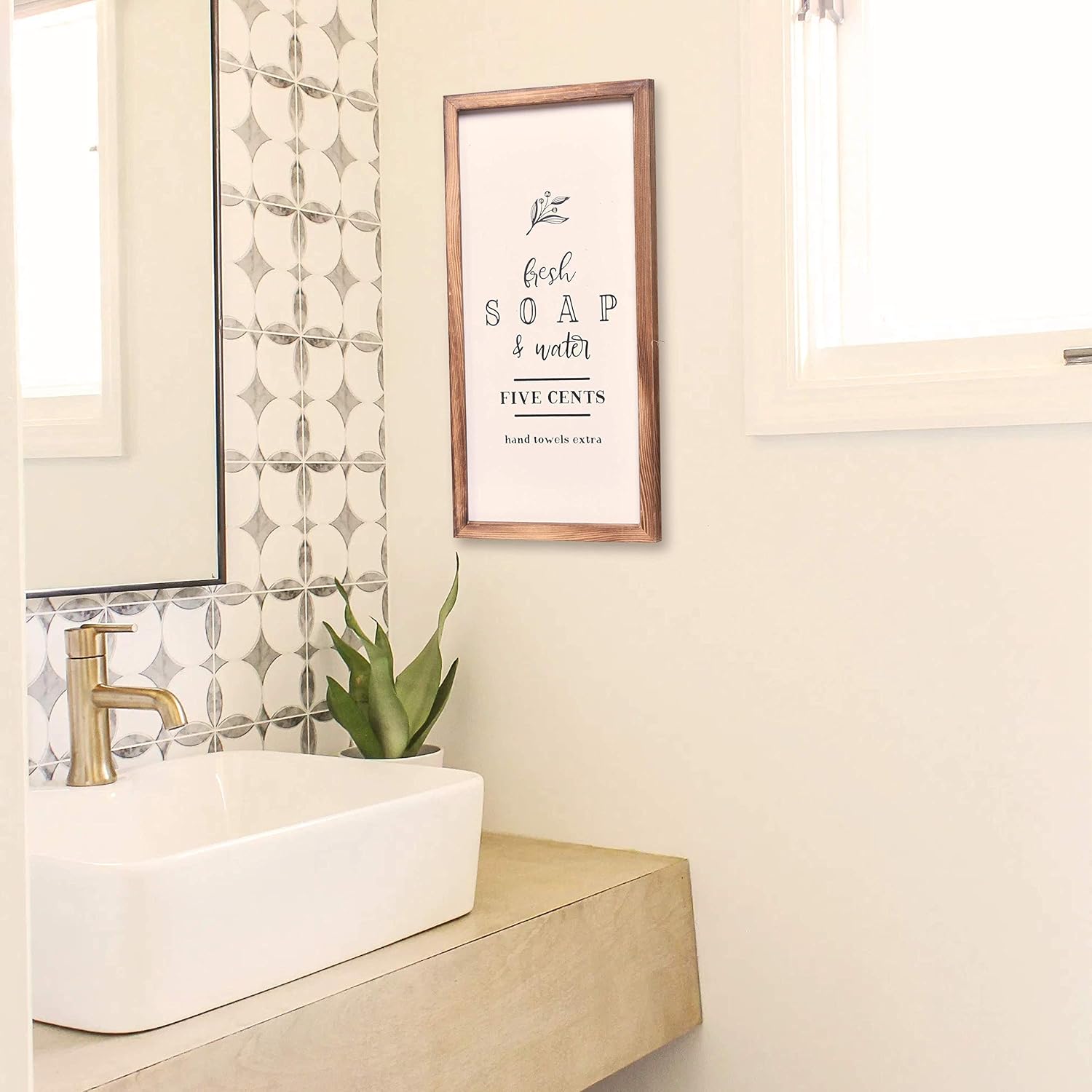 House Bathroom Decor - Modern Rustic Wall Art Home Decor - Fresh Soap and Water - Cute and Funny Solid Wood Framed Printed Sign for Bath, Toilet, Restroom, Half Bath, Decoration - 8x17 Inches