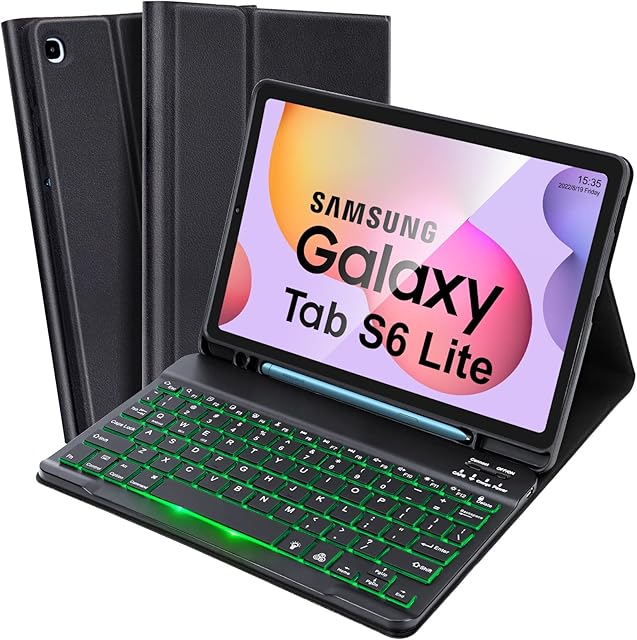 SOPPY Samsung Tab S6 Lite Tablet Case with Backlit Keyboard, Built-in S Pen Holder, Slim Cover with Detachable Keyboard for Samsung Tab S6 Lite 10.4" 2020 (SM-P610/P615), 2022 (SM-P613/P619), Black