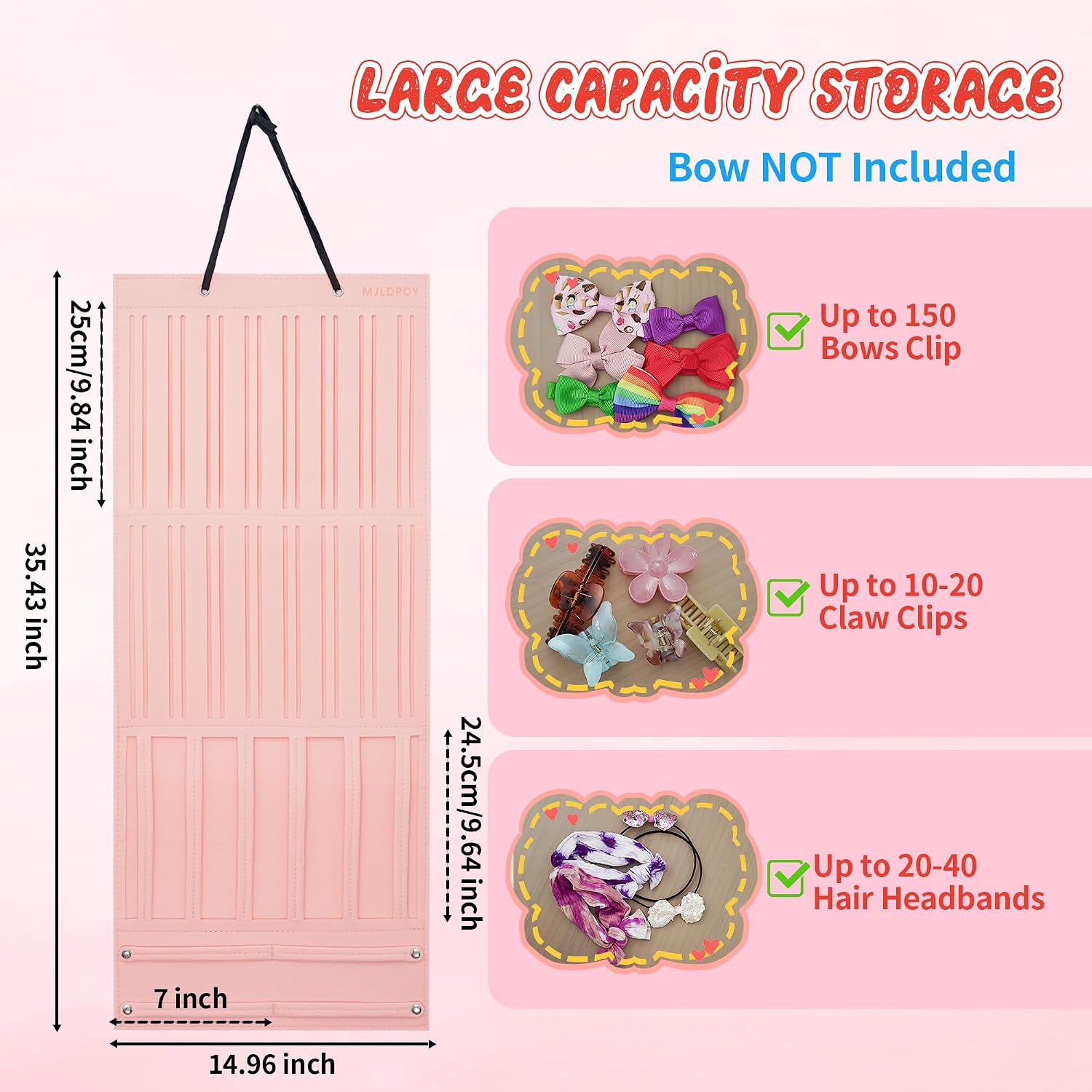 Hair Bow Organizer for Girls, Baby Hair Clips Holder Wall Hanging, Large Felt Bow Storage Display for Girls Hair Bows & Claw Clips, Ribbons, Headbands – Nursery Room Decor (Pink)