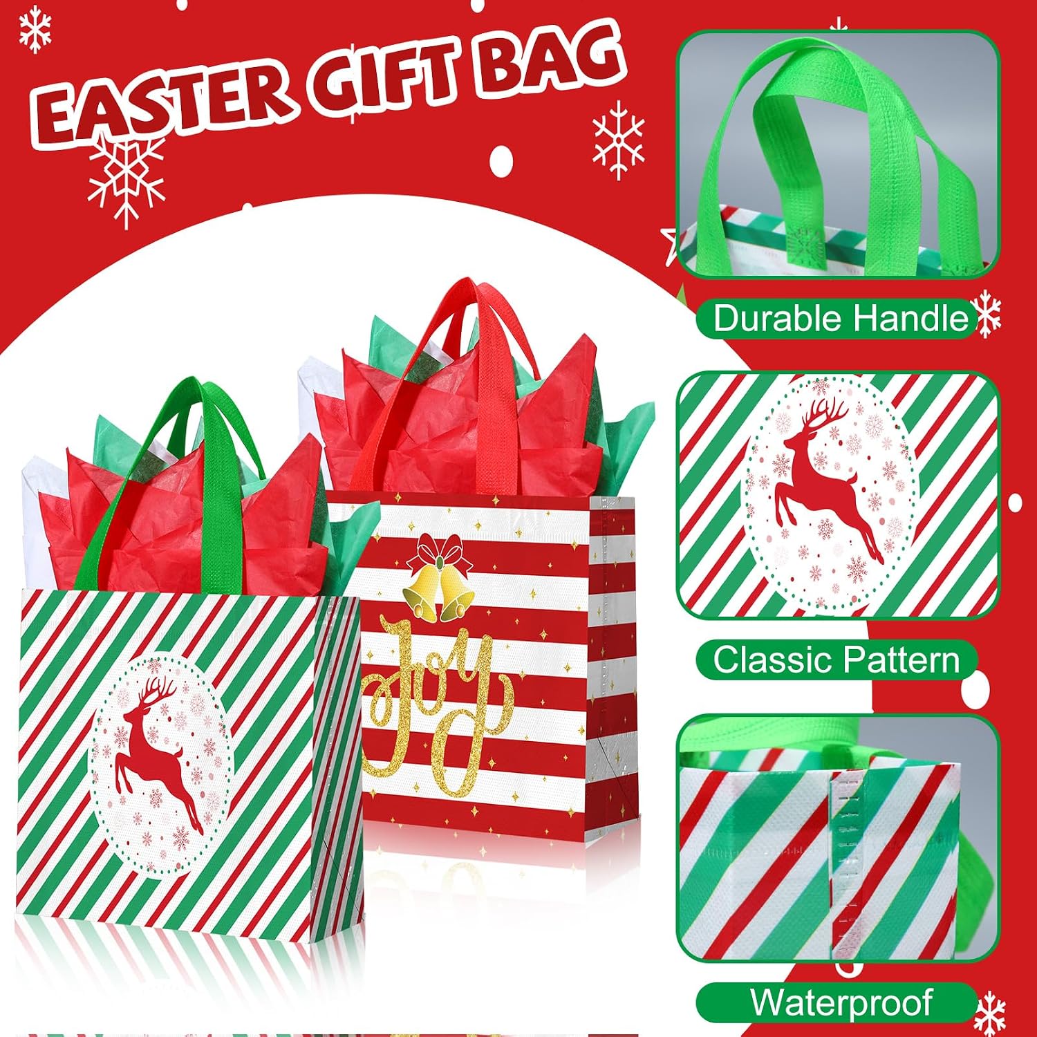 Wesnoy 30 Pack Christmas Reusable Gift Bags Non Woven Tote Bulk with Handles Goodie Shopping Bags with Tissue Paper for Party Favors