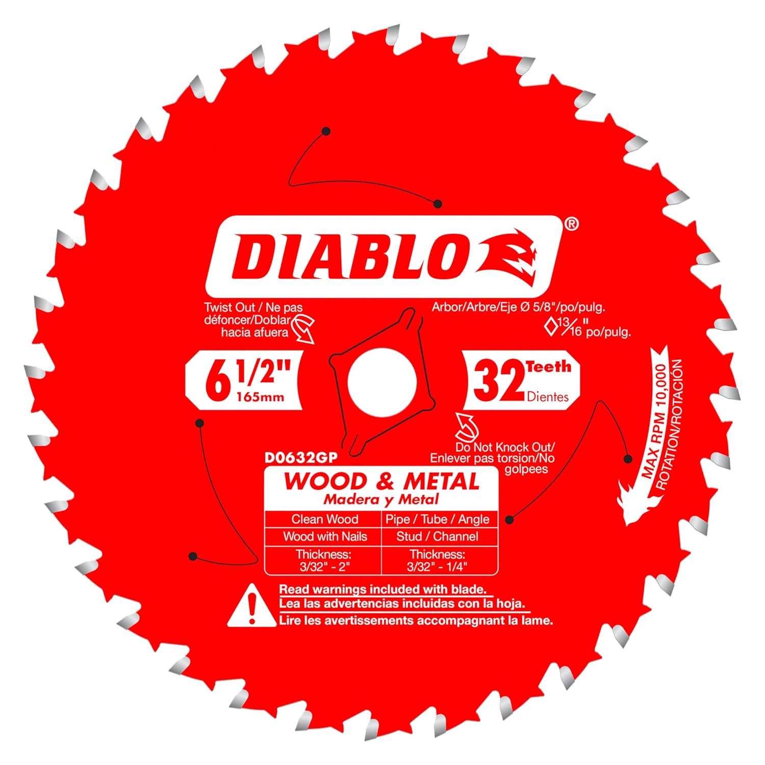 Diablo Wood and Metal Cutting Carbide Circular Saw Blade - Ideal for DIY, Framing, and Construction - 6-1/2" Diameter, 32 C-ATB Teeth, 10,000 Max RPM - D0632GPX