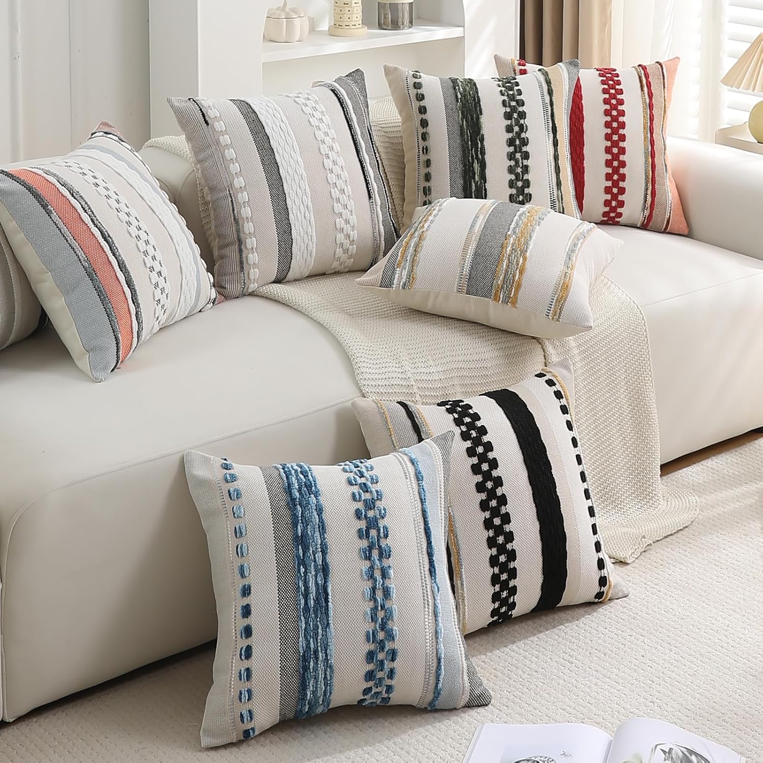 Boho Pillow Covers 18x18 Set of 2 for Couch-Modern Farmhouse Sofa Decorative Teal Throw Pillow Covers Textured Chenille Cushion Covers Outdoor Netural Bohemian Pillow Cases Square