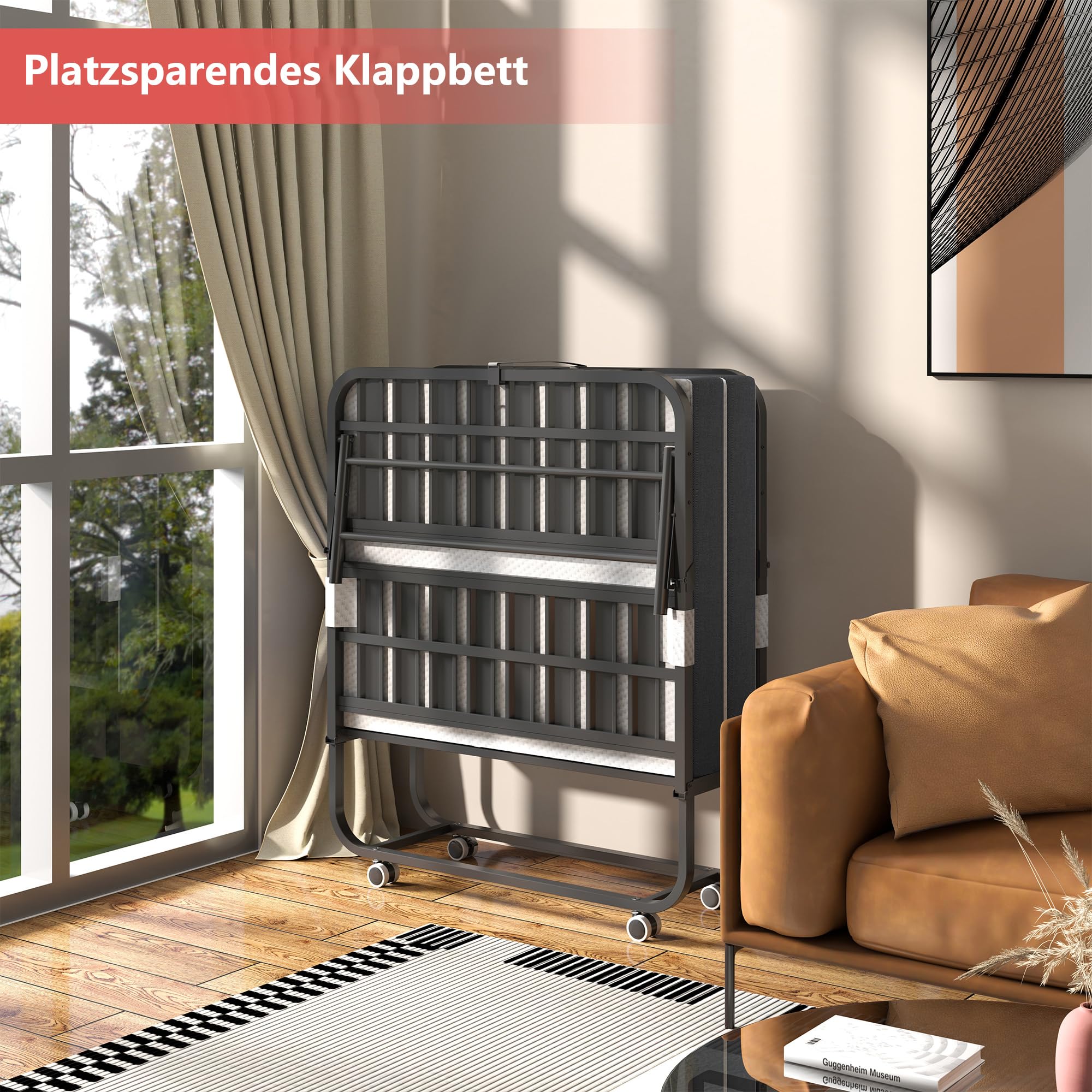 IKIMI 96x190cm Klappbett mit 12cm Dicker Memory-Schaum Matratze und 4 Laufrollen & Cover, Robuster Gästebett Klappbar Reisebett Erwachsene Faltbett Langlebiger Metallbett,Belastbar bis 200kg