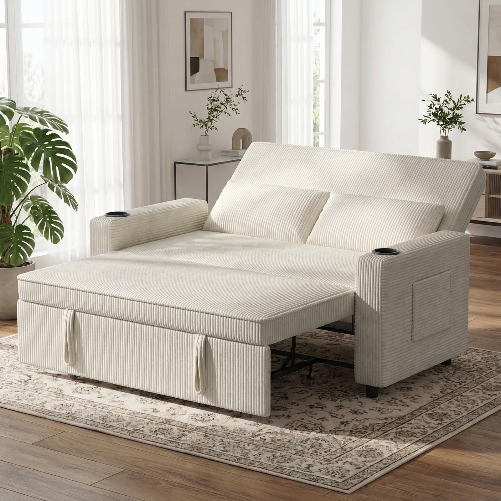 JUMMICO Schlafsofa 2 Sitzer klein Sofa mit Schlaffunktion Schlafcouch Ausziehbar mit Kissen Couch Cord-Bezug mit Getränkehalter Klappsofa Für Wohnzimmer Schlafzimmer,69 x 141 x 88 cm,Beige