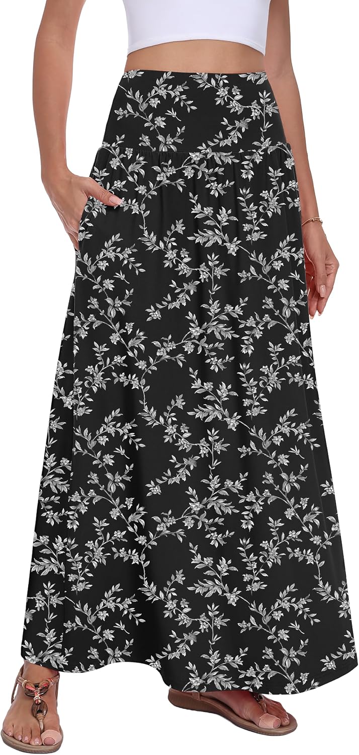 QUEZHU Women's Maxi Long Skirts 2026 Casual A-line Elastic High Waist Flowy Skirt with Pockets