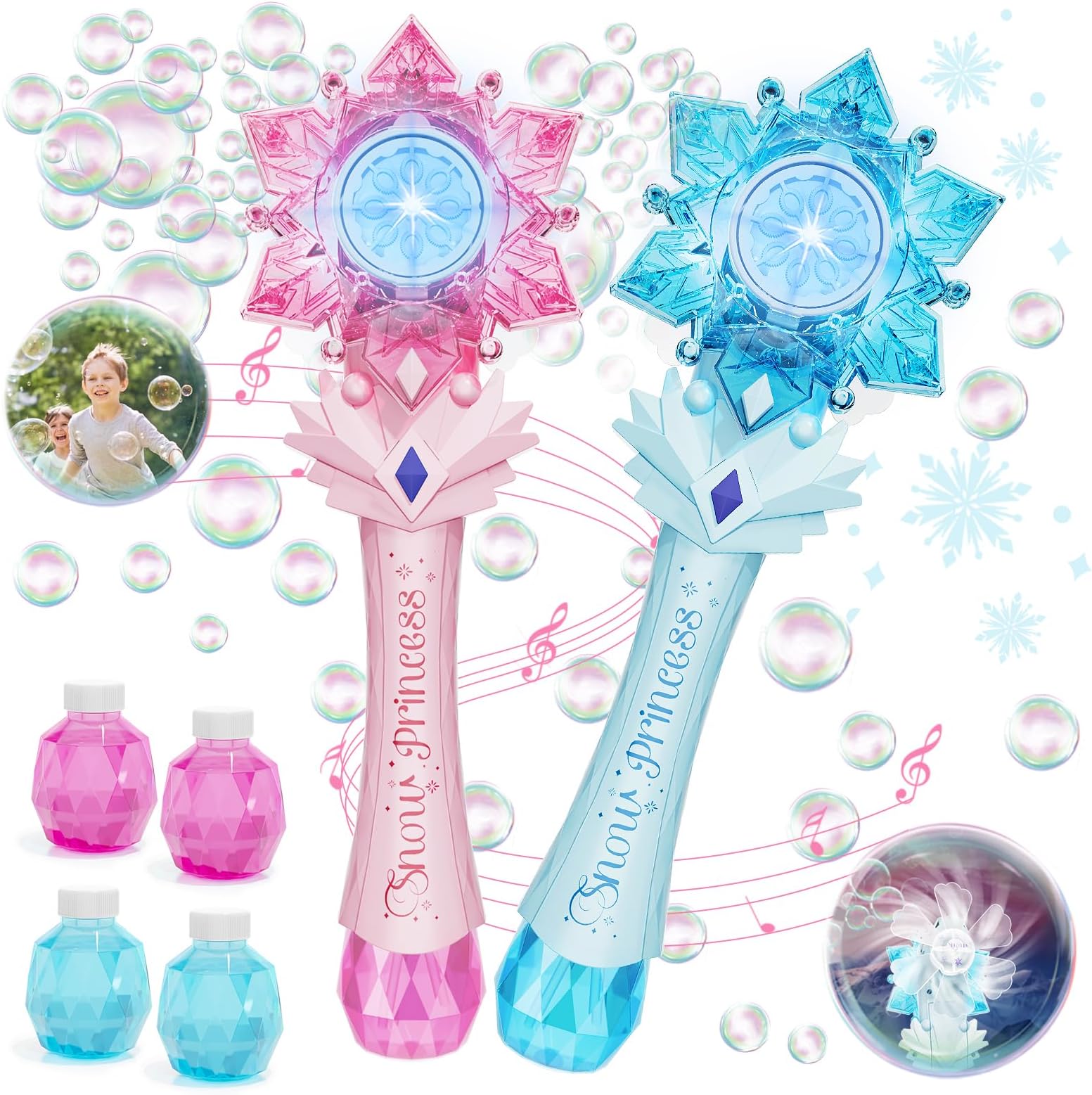 VATOSBubble Wands 2 Packs for Kids, Automatic Bubble Blower Machine, Light & Music Snowflake Bubble Wand with 2 Windmill & 4 Bottles Bubble Solutions, Bubble Toy for Toddler Girl Boys Adult Party