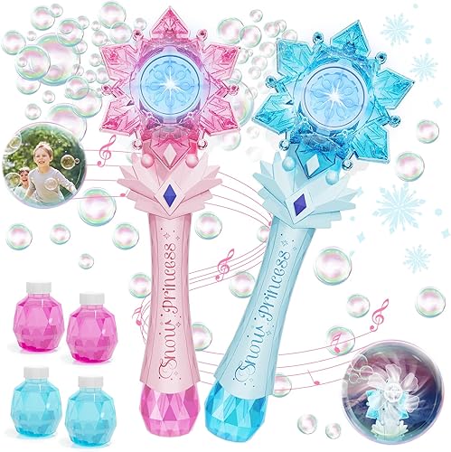 VATOS Varitas de burbujas 2 paquetes para niños, máquina sopladora automática de burbujas, luz y música, varita de burbujas de copo de nieve con 2