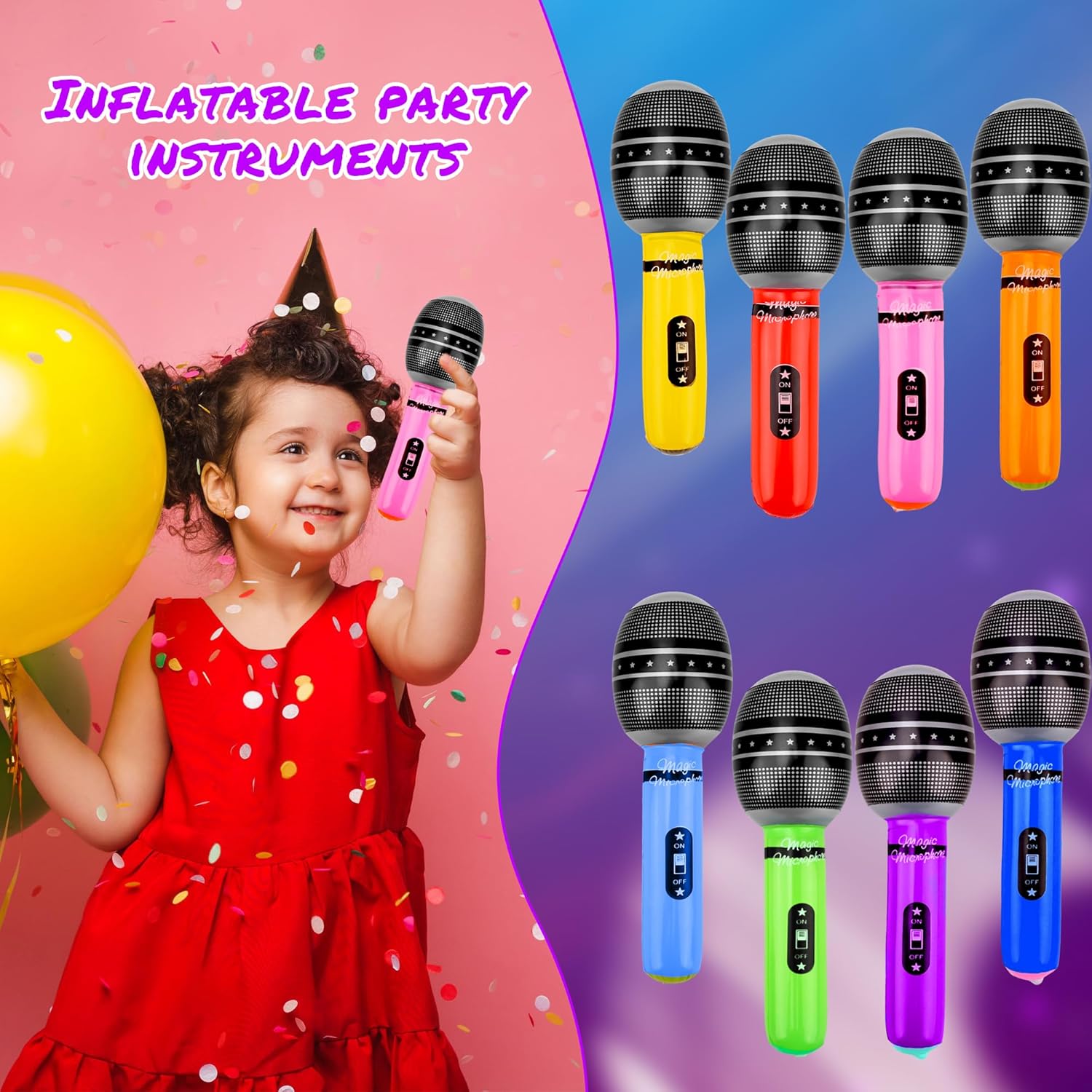 80 Pieces Inflatable Microphones Large Blow up Microphone Assorted Colors Inflatable Microphone Pretend Play Microphone Inflates for Birthday 80s 90s Musical Concert Party Supplies
